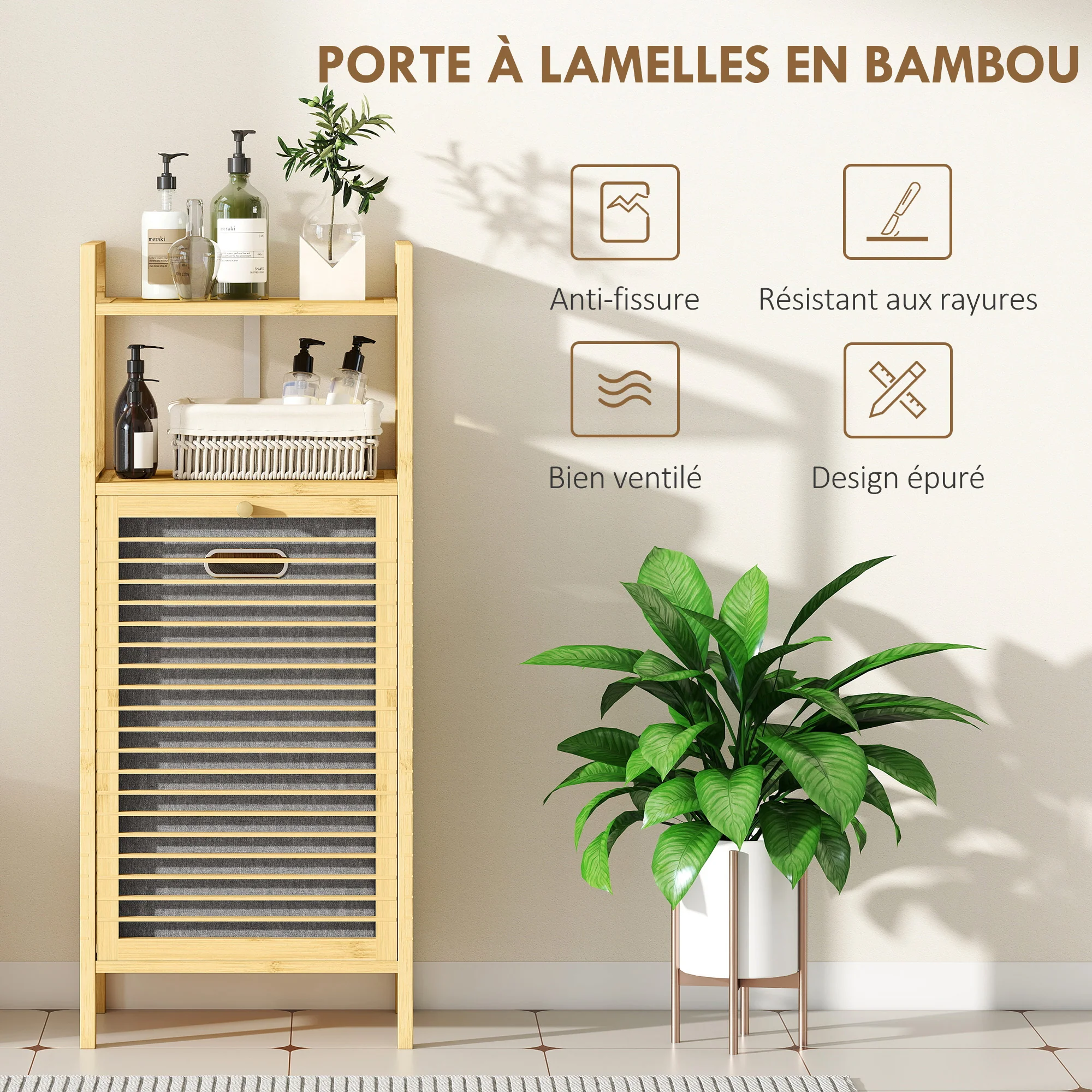 Meuble de rangement à linge en bambou, meuble de salle de bain avec étagère, panier à linge basculant, porte à lattes et sac de rangement amovible, 40 x 30 x 95 cm, effet bois naturel - Image 7