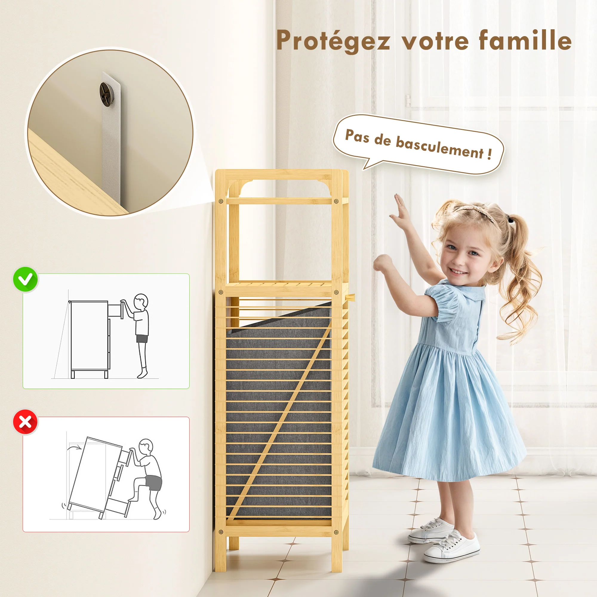 Meuble de rangement à linge en bambou, meuble de salle de bain avec étagère, panier à linge basculant, porte à lattes et sac de rangement amovible, 40 x 30 x 95 cm, effet bois naturel - Image 8