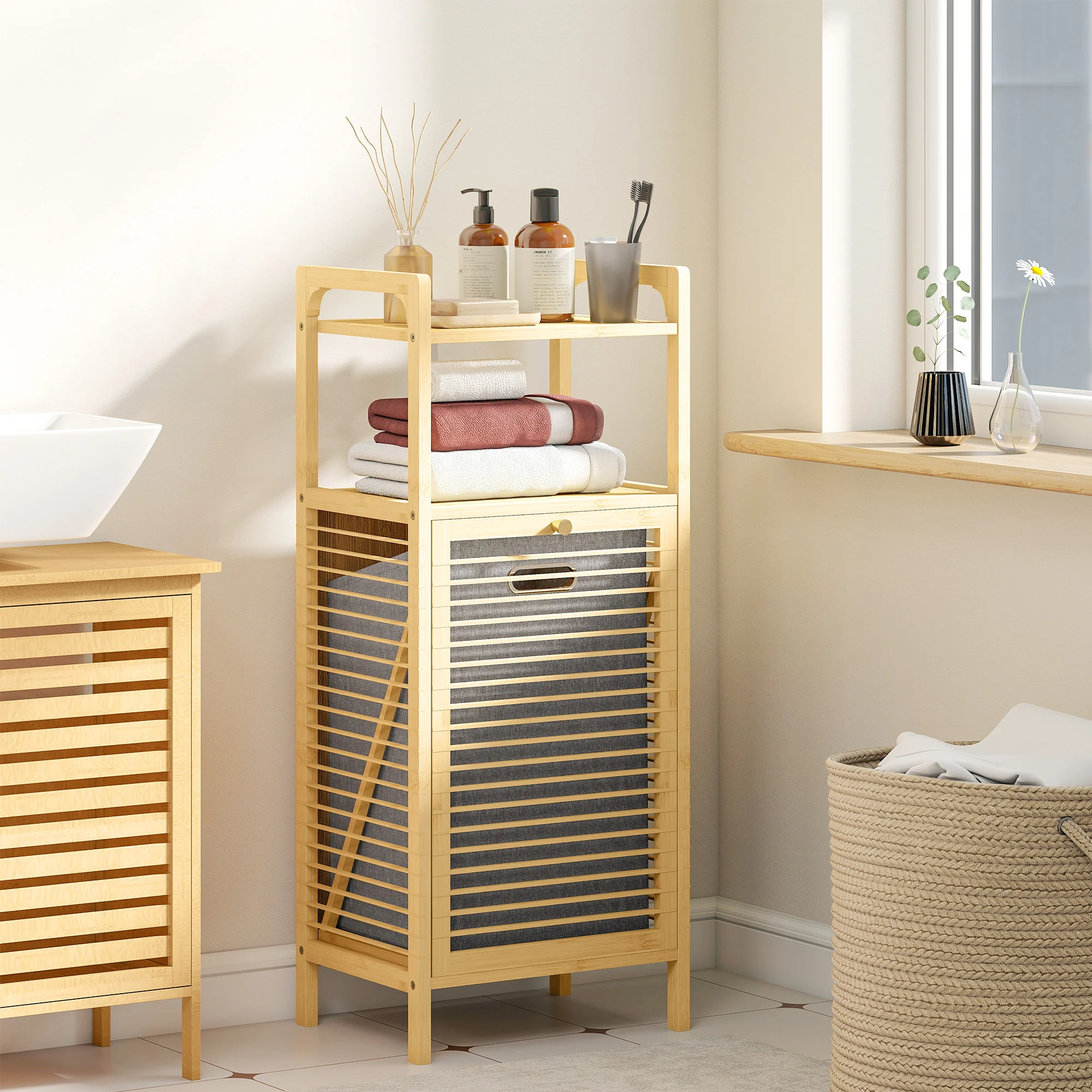 Meuble de rangement à linge en bambou, meuble de salle de bain avec étagère, panier à linge basculant, porte à lattes et sac de rangement amovible, 40 x 30 x 95 cm, effet bois naturel - Image 9