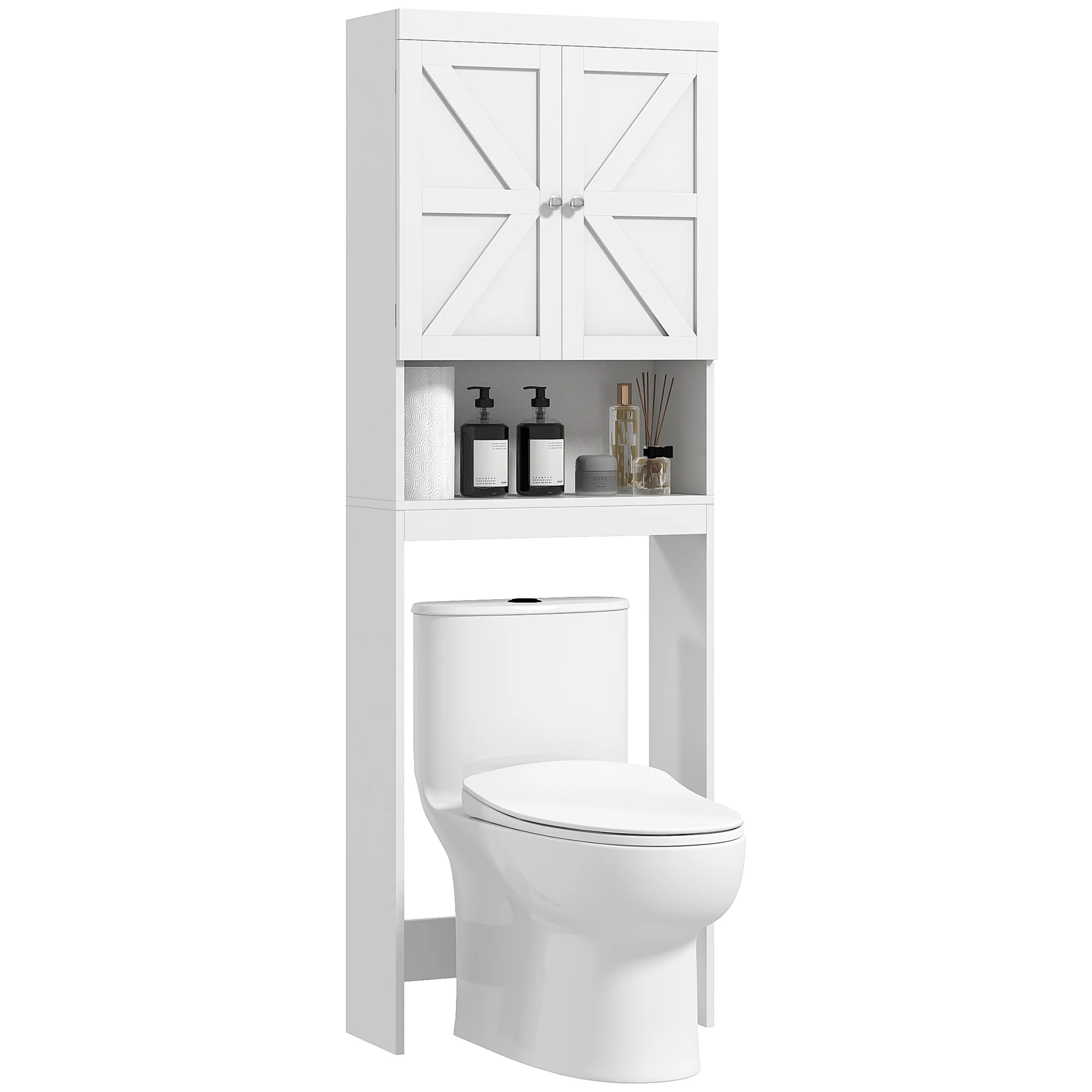 Meuble de rangement au-dessus des toilettes, meuble WC au-dessus des toilettes, meuble de salle de bain avec placard 2 portes et étagère ouverte 58,5L x 23l x 170H cm en bois - blanc - Image 11
