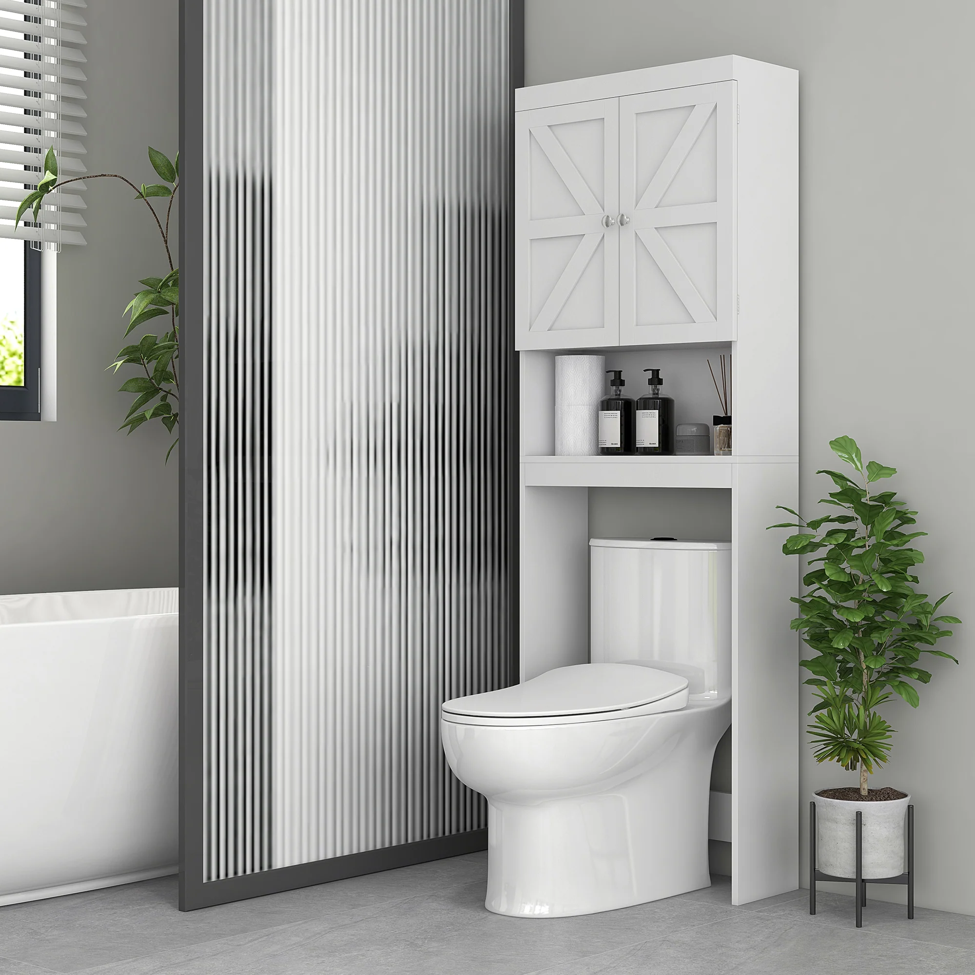 Meuble de rangement au-dessus des toilettes, meuble WC au-dessus des toilettes, meuble de salle de bain avec placard 2 portes et étagère ouverte 58,5L x 23l x 170H cm en bois - blanc - Image 3