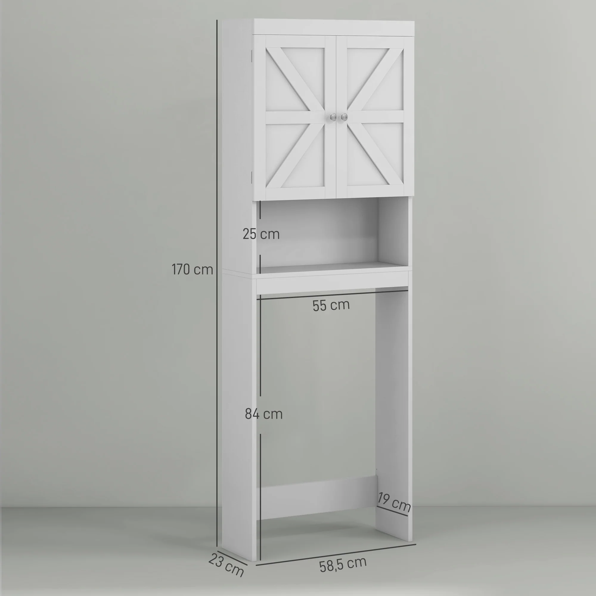 Meuble de rangement au-dessus des toilettes, meuble WC au-dessus des toilettes, meuble de salle de bain avec placard 2 portes et étagère ouverte 58,5L x 23l x 170H cm en bois - blanc - Image 4