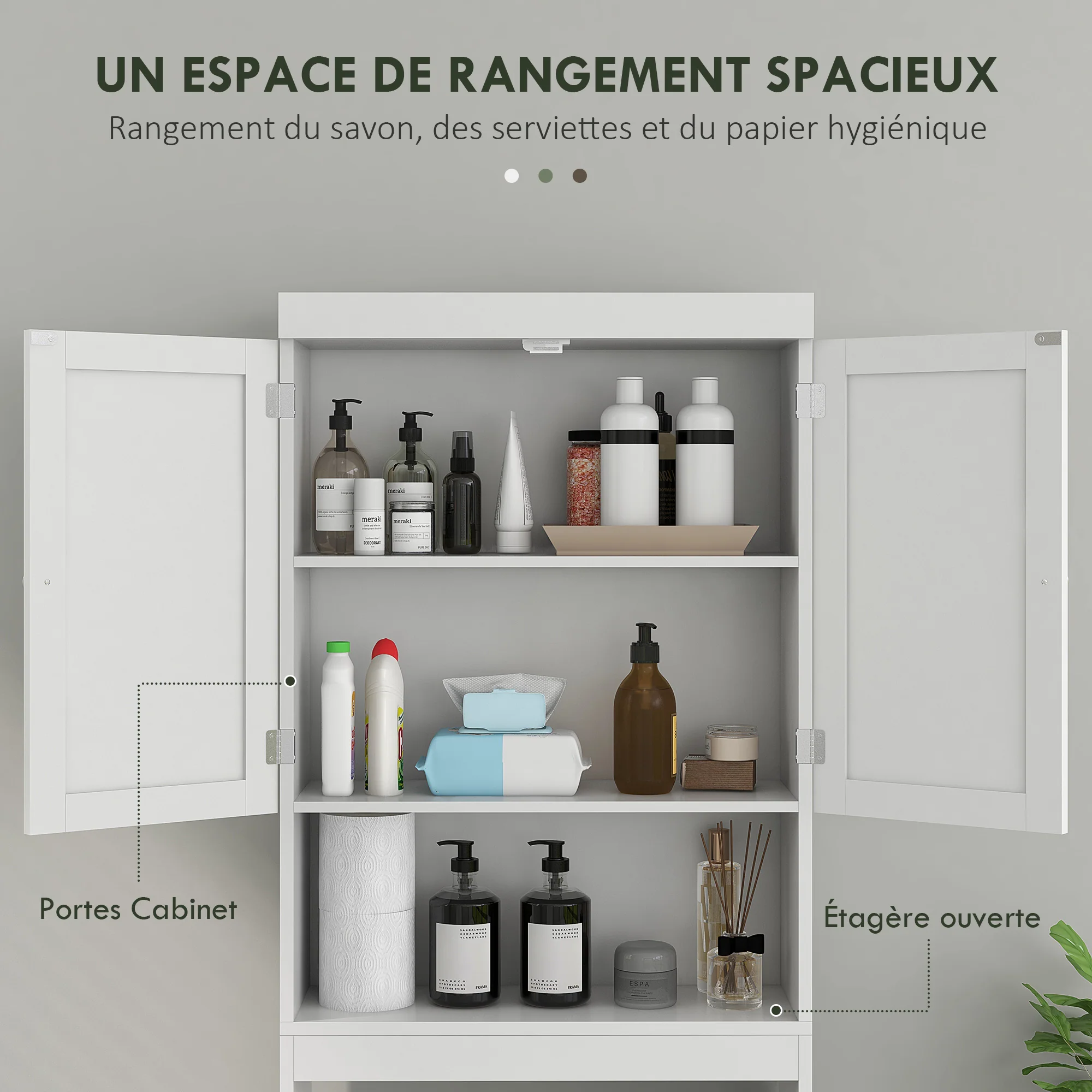 Meuble de rangement au-dessus des toilettes, meuble WC au-dessus des toilettes, meuble de salle de bain avec placard 2 portes et étagère ouverte 58,5L x 23l x 170H cm en bois - blanc - Image 5