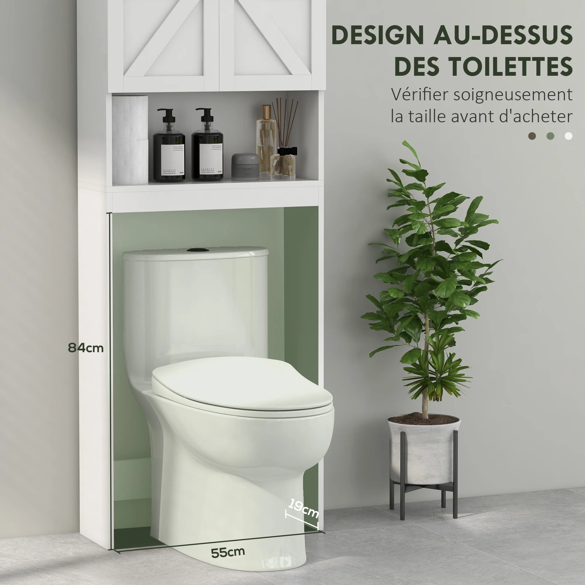 Meuble de rangement au-dessus des toilettes, meuble WC au-dessus des toilettes, meuble de salle de bain avec placard 2 portes et étagère ouverte 58,5L x 23l x 170H cm en bois - blanc - Image 6