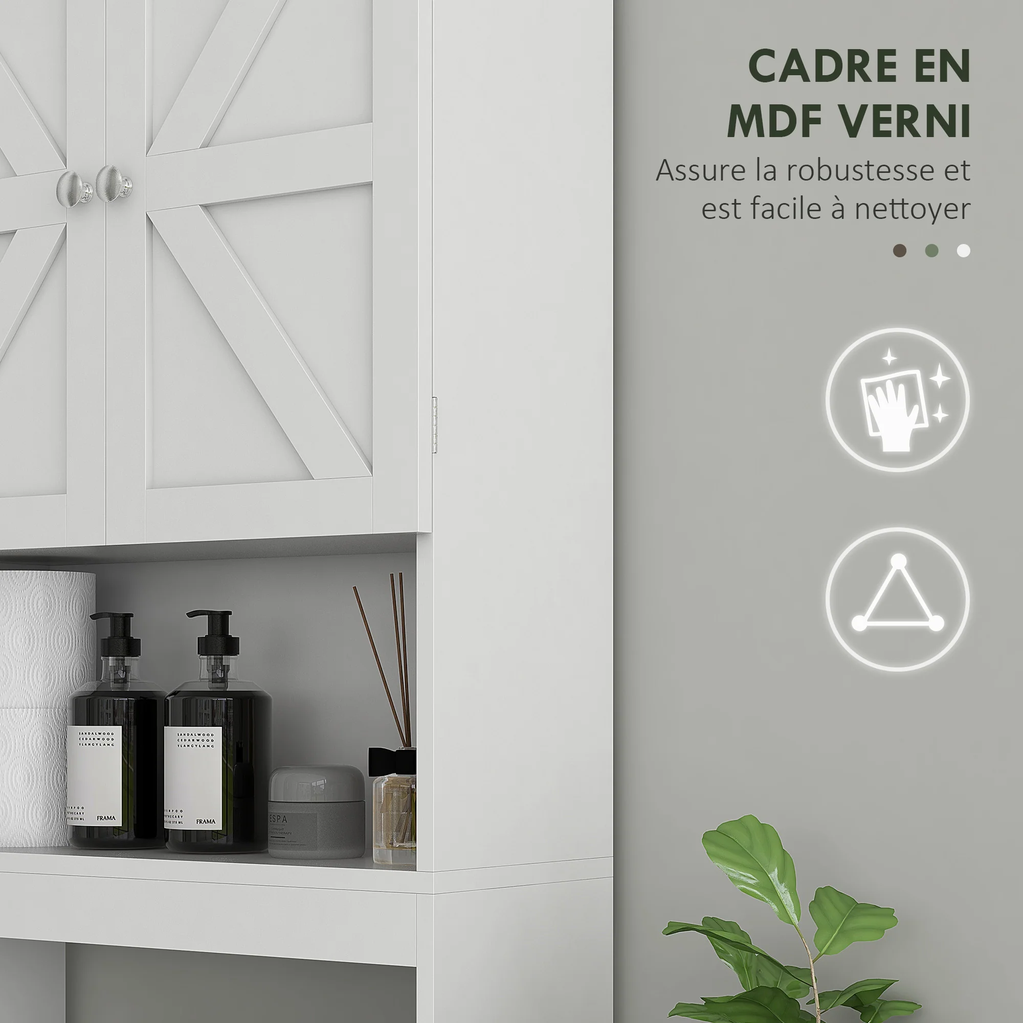 Meuble de rangement au-dessus des toilettes, meuble WC au-dessus des toilettes, meuble de salle de bain avec placard 2 portes et étagère ouverte 58,5L x 23l x 170H cm en bois - blanc - Image 7