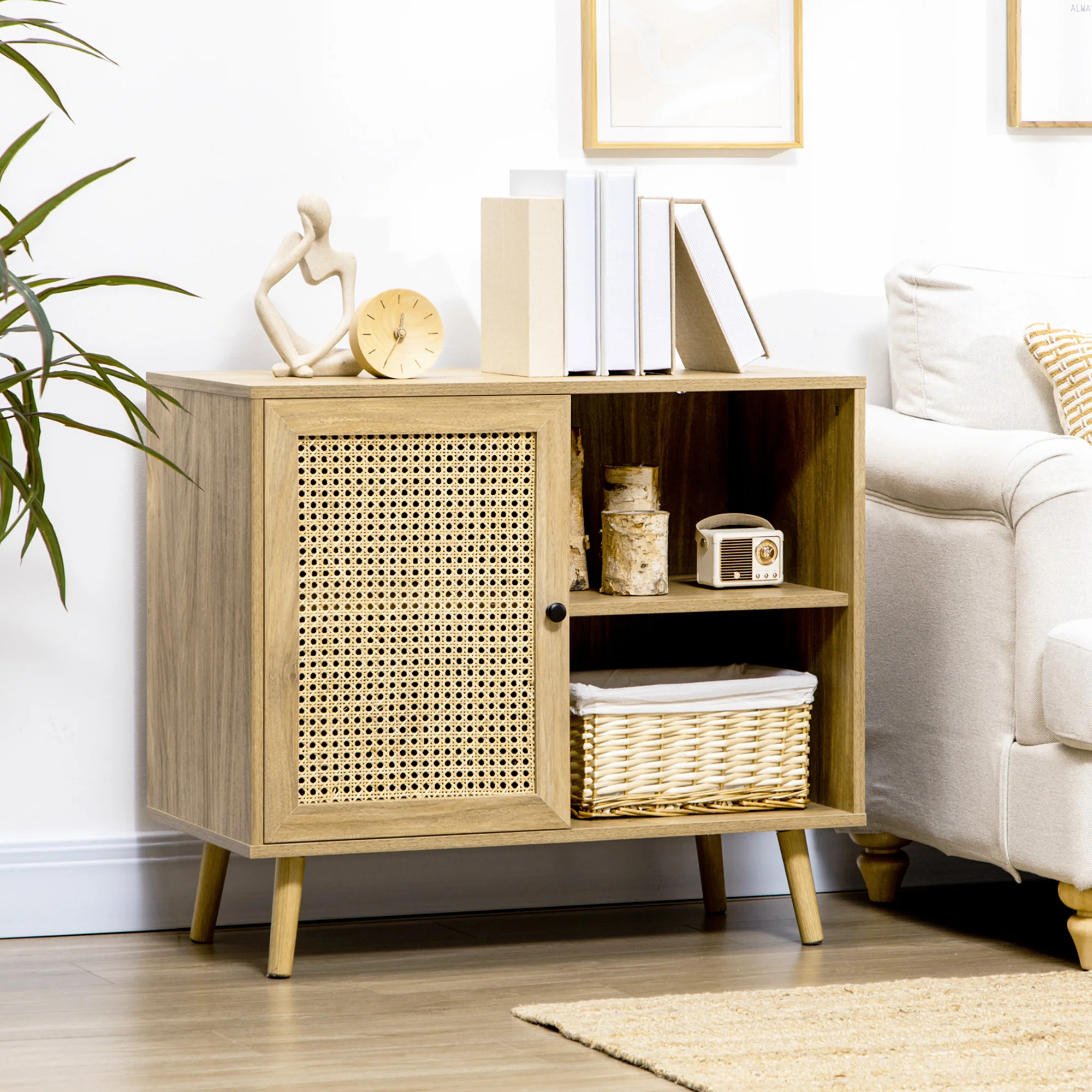 Meuble de rangement buffet 1 porte cannage effet bois - dim. 80L x 39l x 70H cm - Image 3