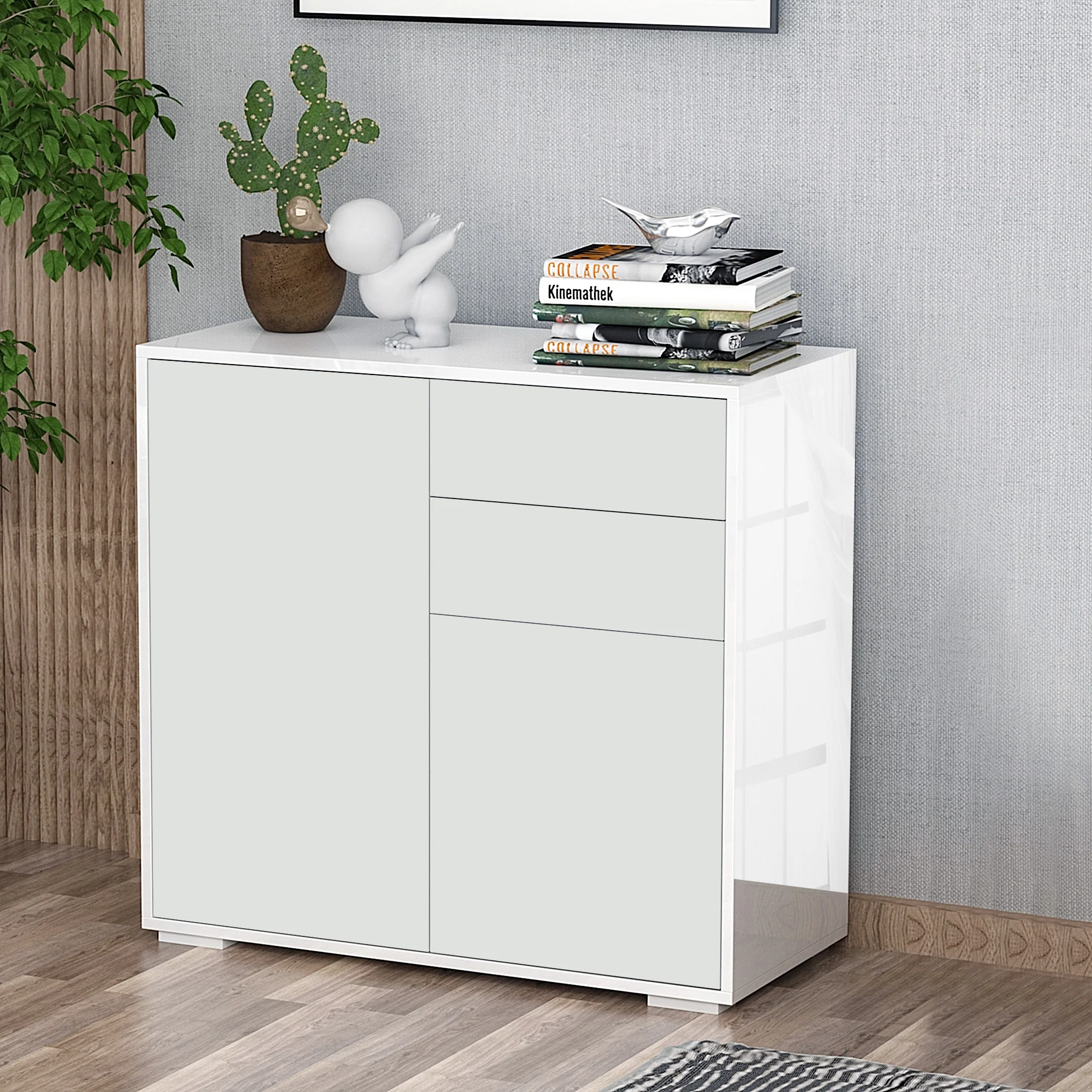 Meuble de rangement buffet commode armoire de rangement avec 2 tiroirs et 2 placards à portes, étagères réglables, pour salon, cuisine, chambre, 79 x 36 x 74 cm blanc - Image 3