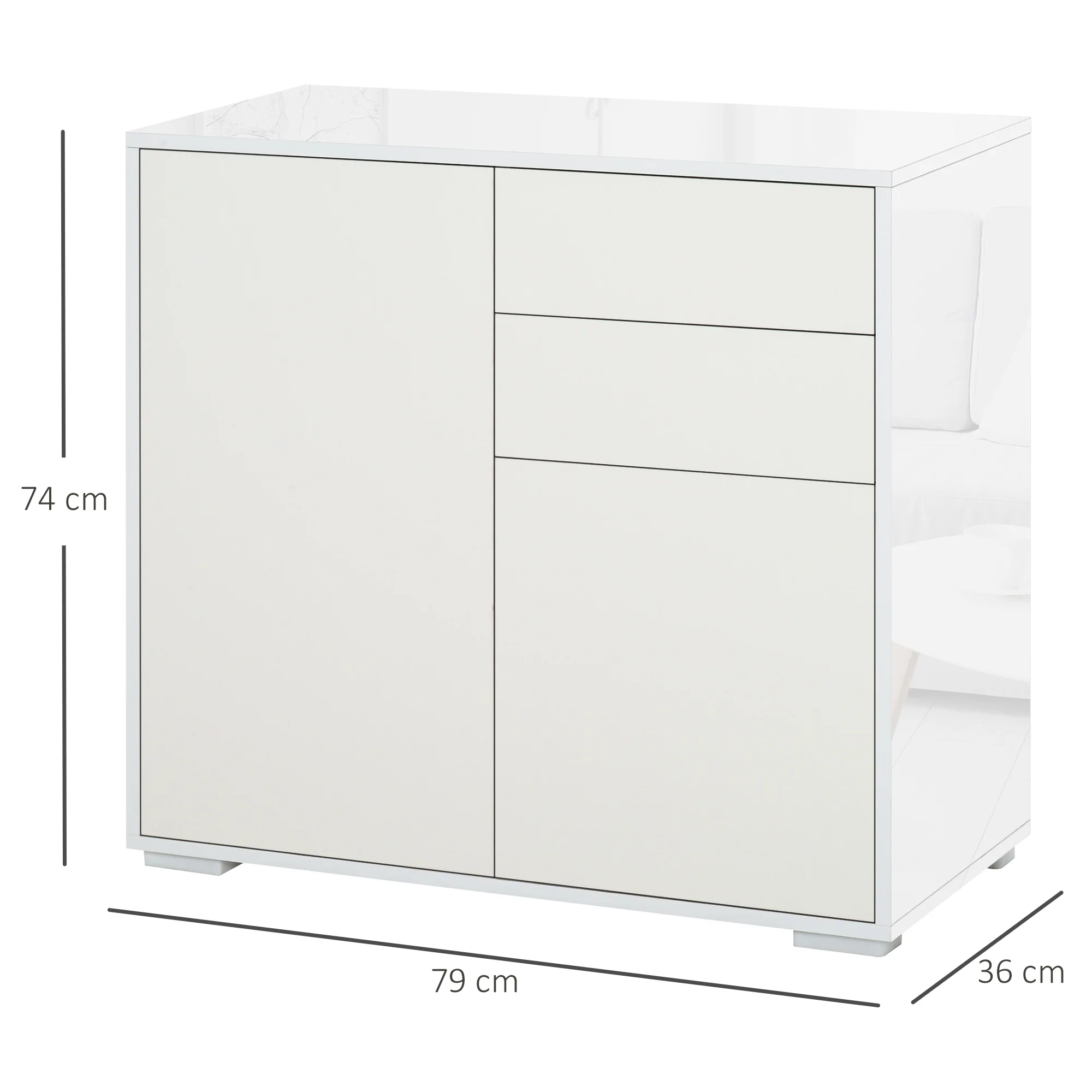 Meuble de rangement buffet commode armoire de rangement avec 2 tiroirs et 2 placards à portes, étagères réglables, pour salon, cuisine, chambre, 79 x 36 x 74 cm blanc - Image 4