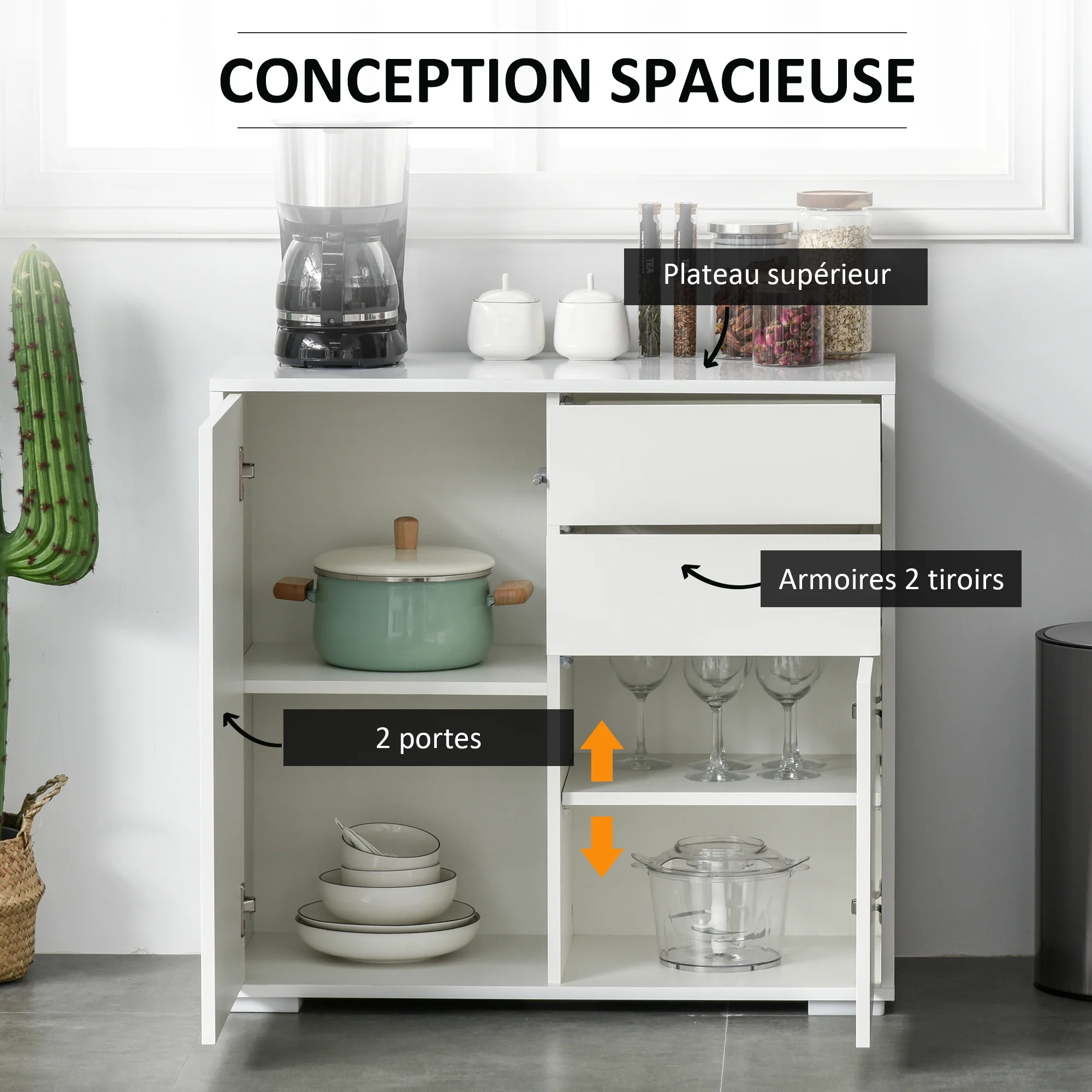 Meuble de rangement buffet commode armoire de rangement avec 2 tiroirs et 2 placards à portes, étagères réglables, pour salon, cuisine, chambre, 79 x 36 x 74 cm blanc - Image 5
