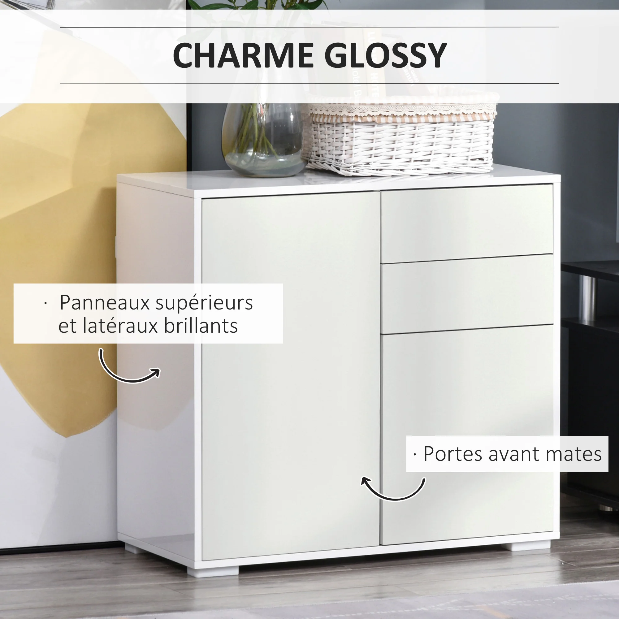 Meuble de rangement buffet commode armoire de rangement avec 2 tiroirs et 2 placards à portes, étagères réglables, pour salon, cuisine, chambre, 79 x 36 x 74 cm blanc - Image 6