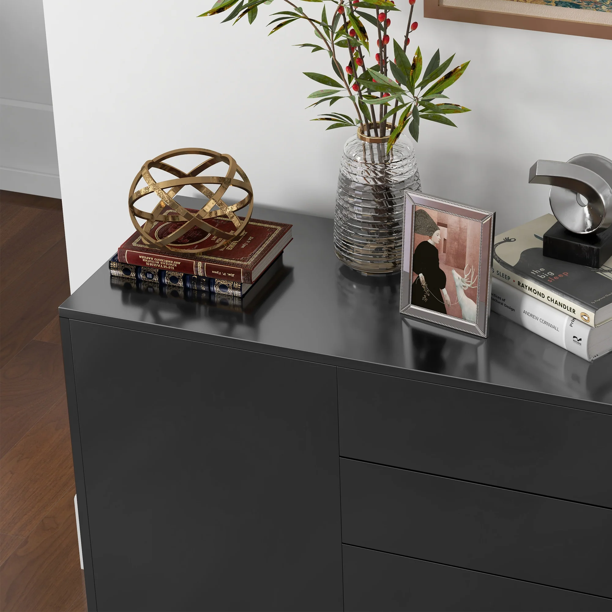 Meuble de rangement buffet commode armoire de rangement avec 2 tiroirs et 2 placards à portes, étagères réglables, pour salon, cuisine, chambre, 79 x 36 x 74 cm noir brillant - Image 10