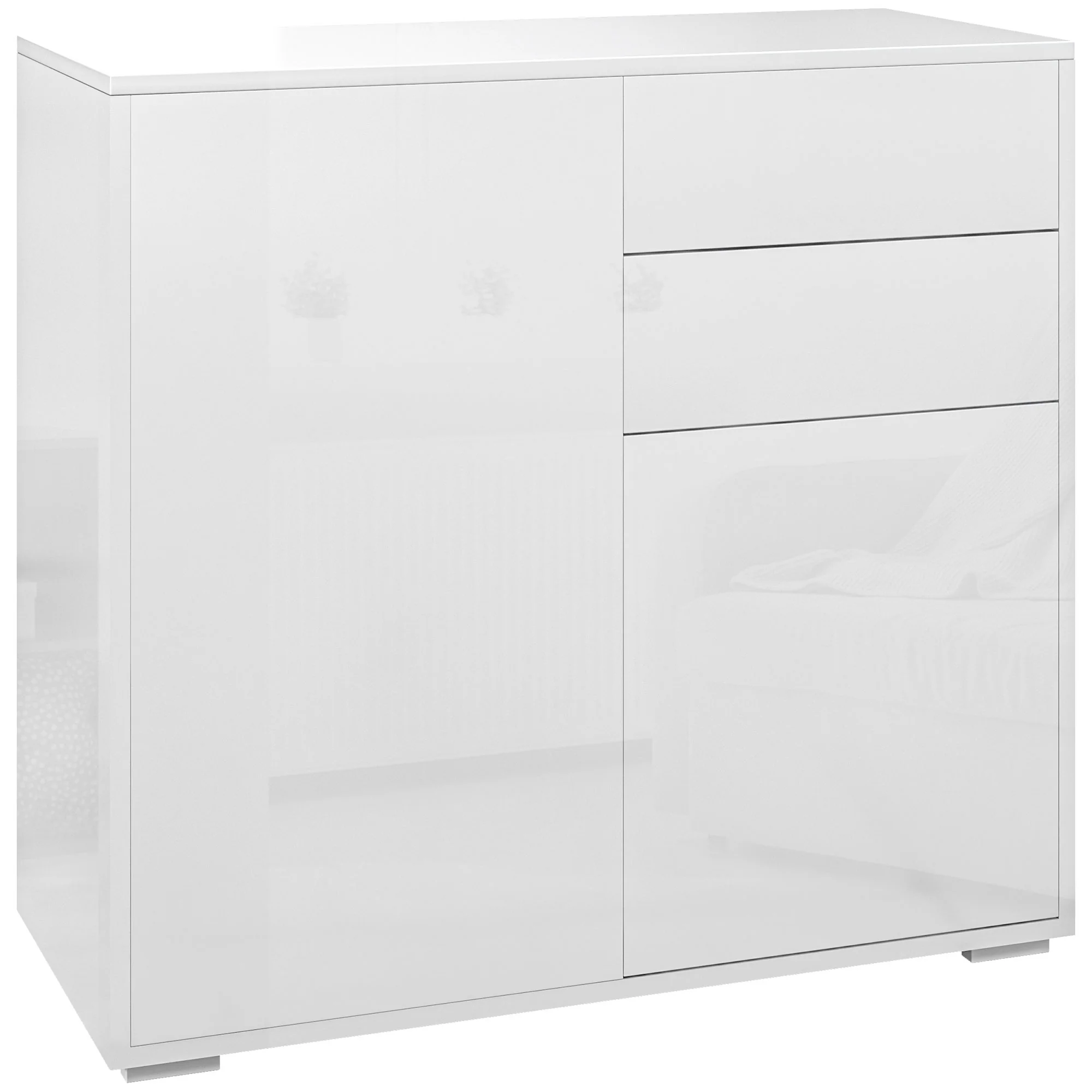 Meuble de rangement buffet commode armoire de rangement avec 2 tiroirs et 2 placards à portes, étagères réglables, pour salon, cuisine, chambre, 79 x 36 x 74 cm blanc brillant - Image 11