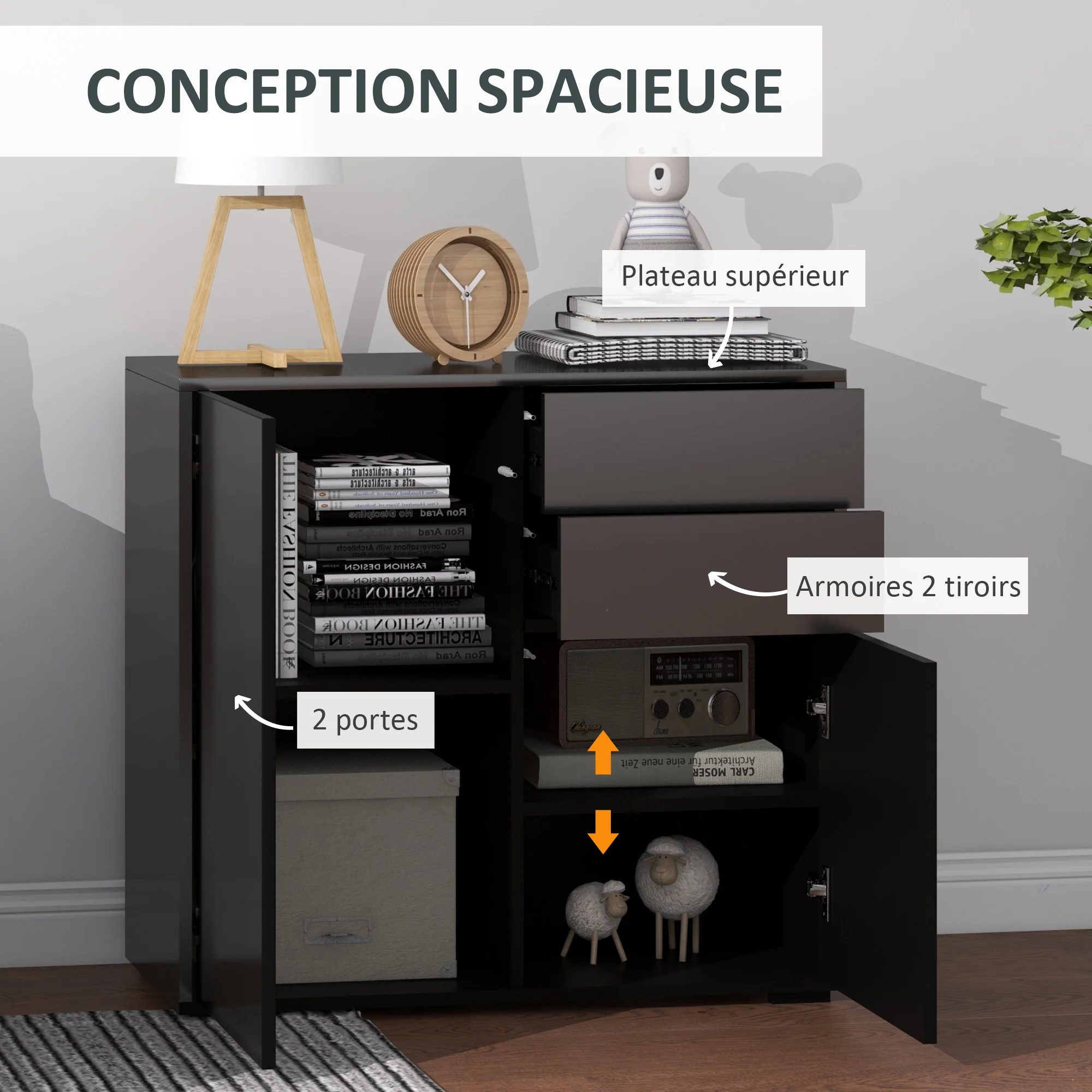 Meuble de rangement buffet commode armoire de rangement avec 2 tiroirs et 2 placards à portes, étagères réglables, pour salon, cuisine, chambre, 79 x 36 x 74 cm noir brillant - Image 5