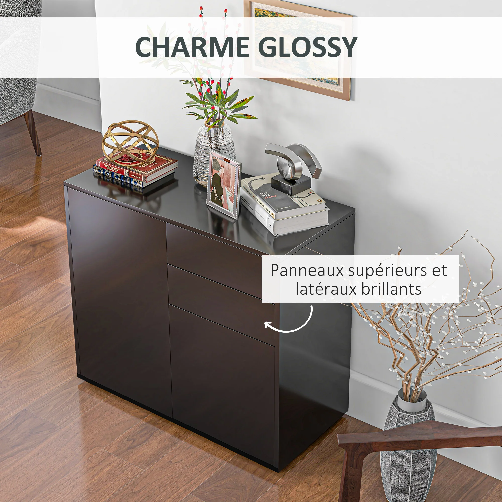 Meuble de rangement buffet commode armoire de rangement avec 2 tiroirs et 2 placards à portes, étagères réglables, pour salon, cuisine, chambre, 79 x 36 x 74 cm noir brillant - Image 6