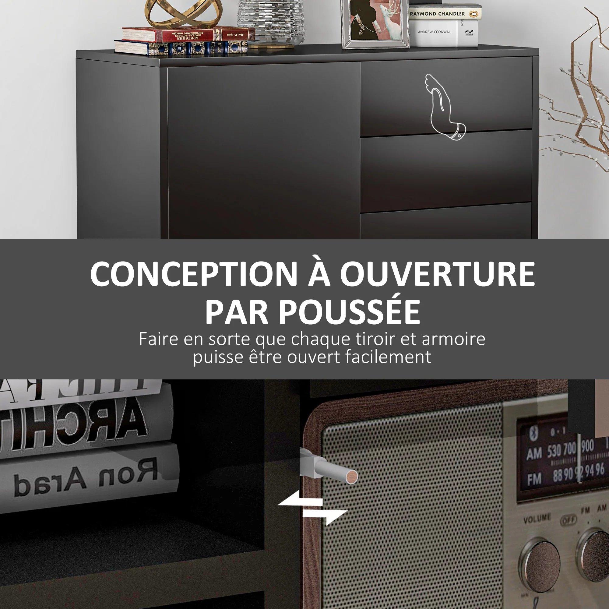 Meuble de rangement buffet commode armoire de rangement avec 2 tiroirs et 2 placards à portes, étagères réglables, pour salon, cuisine, chambre, 79 x 36 x 74 cm noir brillant - Image 7