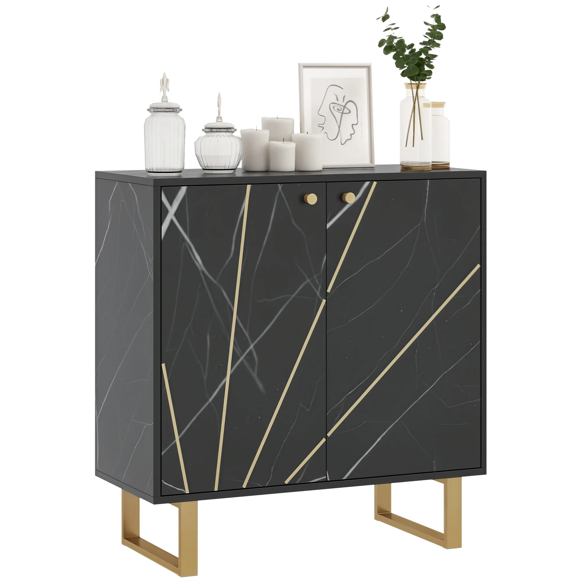 Meuble de rangement buffet salon avec 1 placard 2 portes et étagère réglable, pieds en métal - dim. 76L x 35l x 77H cm, aspect marbre noir - Image 11