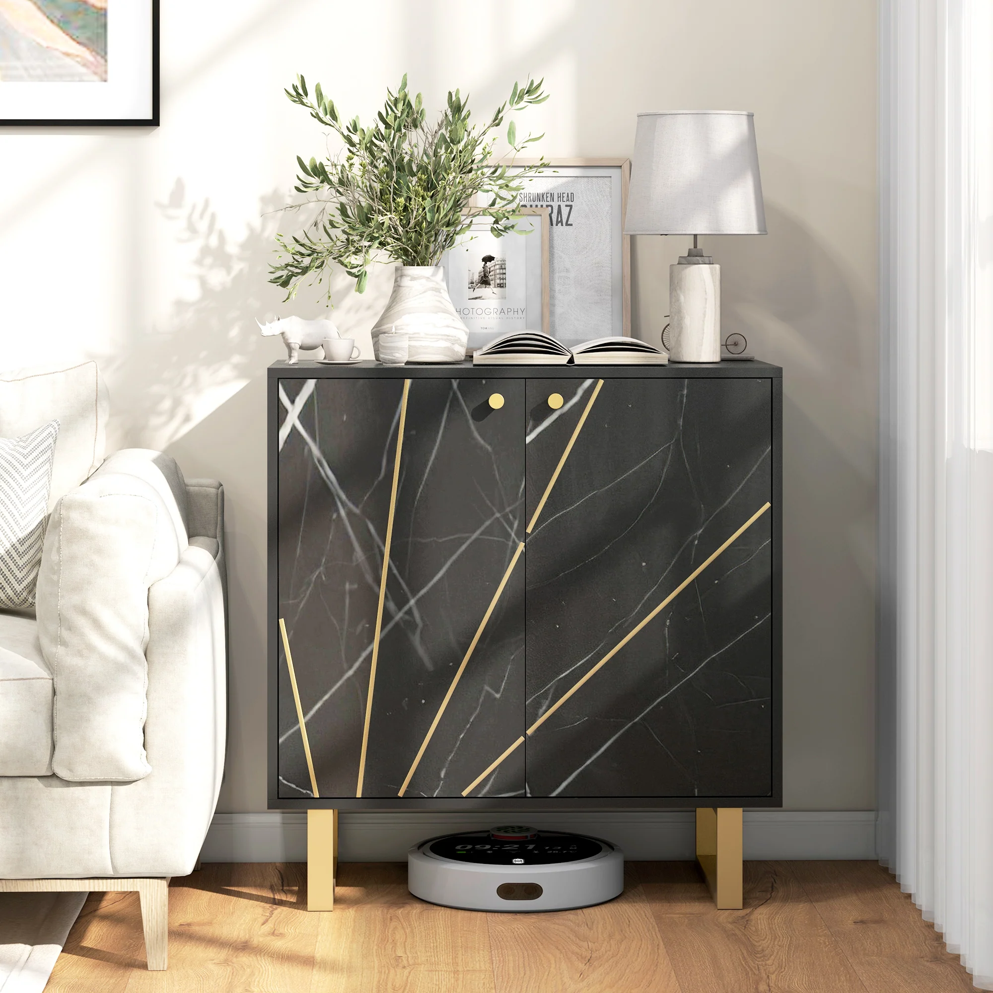 Meuble de rangement buffet salon avec 1 placard 2 portes et étagère réglable, pieds en métal - dim. 76L x 35l x 77H cm, aspect marbre noir - Image 3