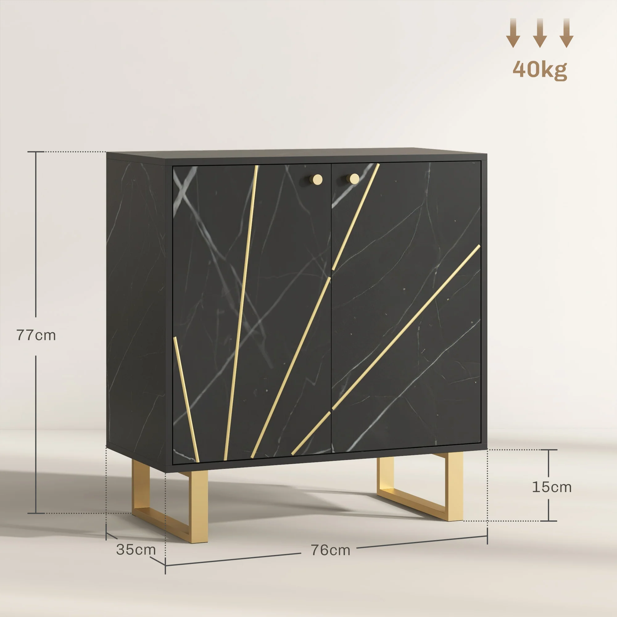 Meuble de rangement buffet salon avec 1 placard 2 portes et étagère réglable, pieds en métal - dim. 76L x 35l x 77H cm, aspect marbre noir - Image 4
