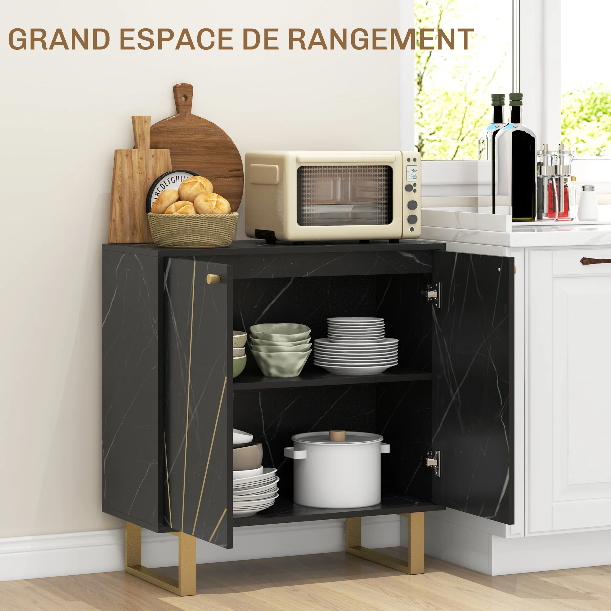 Meuble de rangement buffet salon avec 1 placard 2 portes et étagère réglable, pieds en métal - dim. 76L x 35l x 77H cm, aspect marbre noir - Image 5