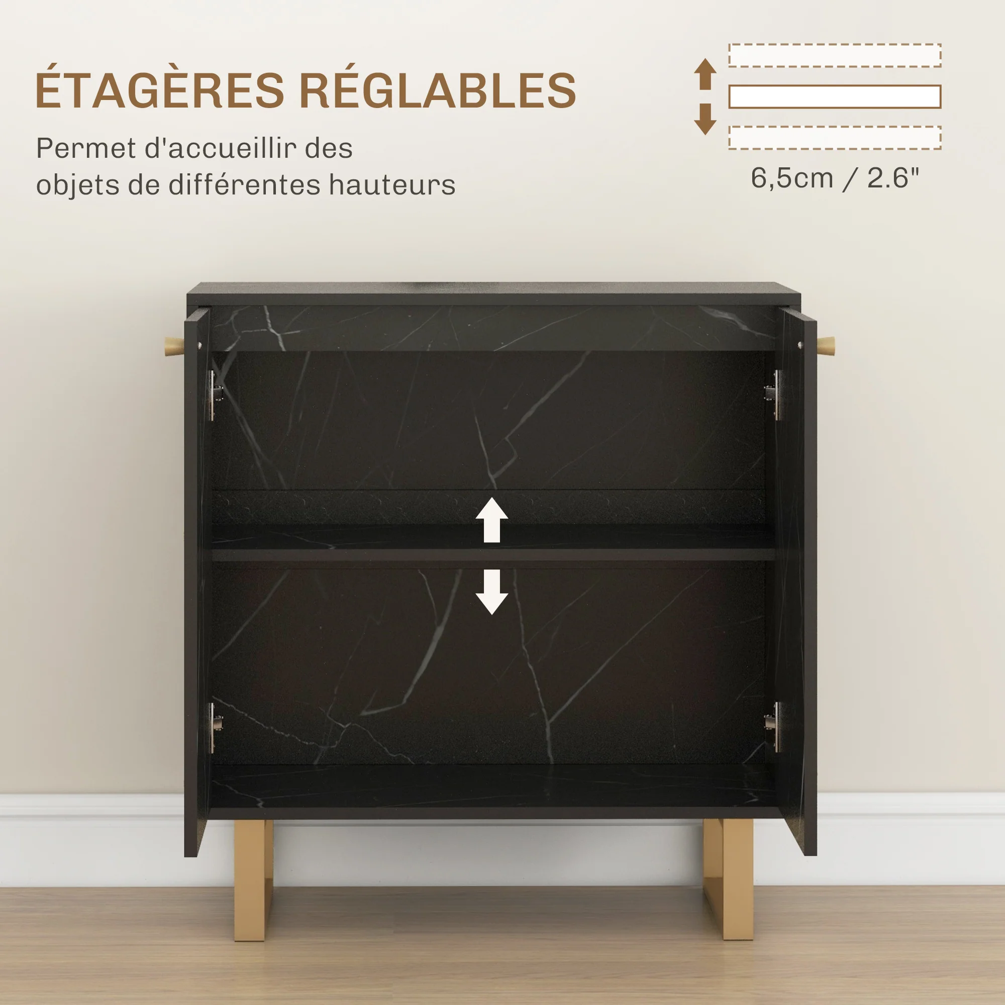 Meuble de rangement buffet salon avec 1 placard 2 portes et étagère réglable, pieds en métal - dim. 76L x 35l x 77H cm, aspect marbre noir - Image 6
