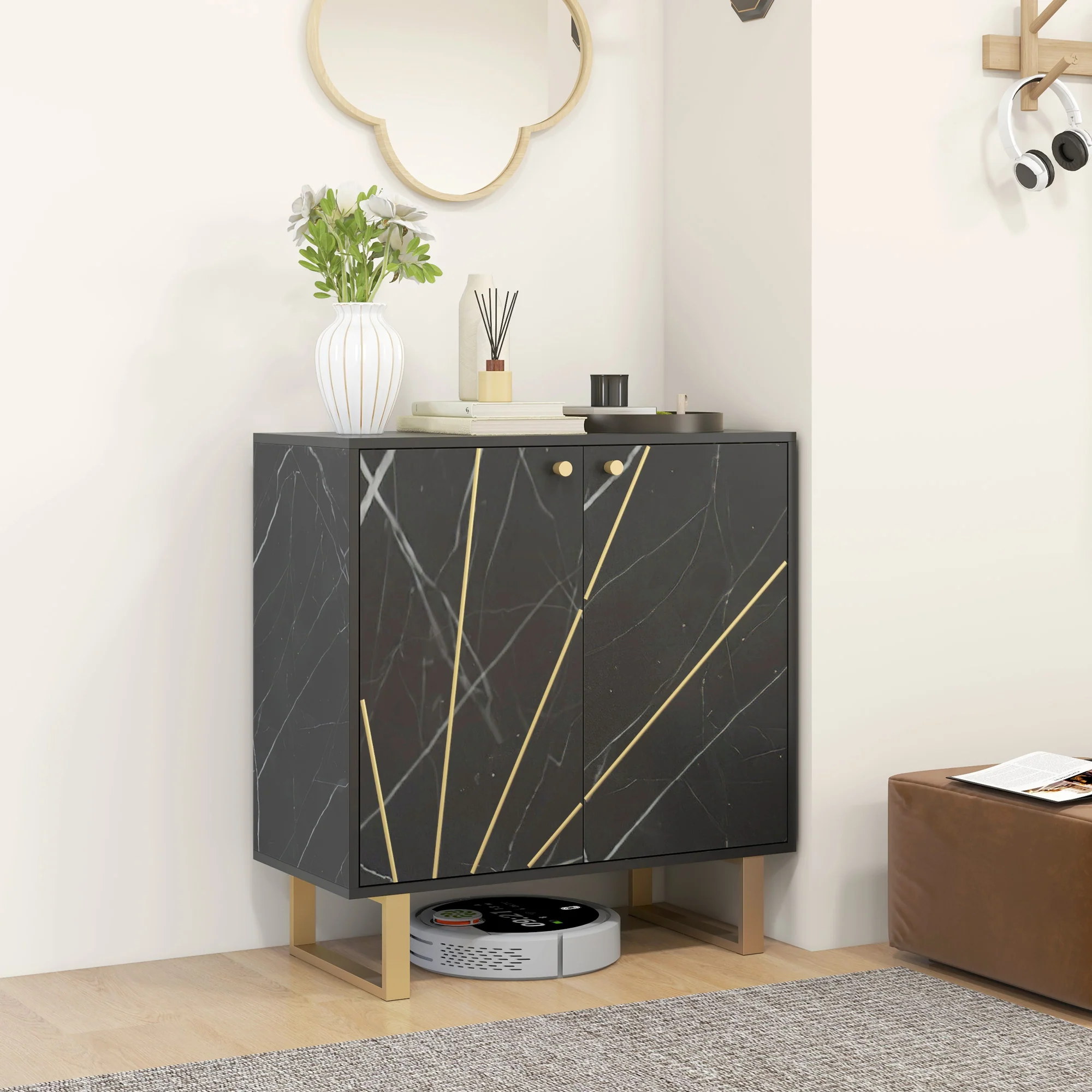 Meuble de rangement buffet salon avec 1 placard 2 portes et étagère réglable, pieds en métal - dim. 76L x 35l x 77H cm, aspect marbre noir - Image 9