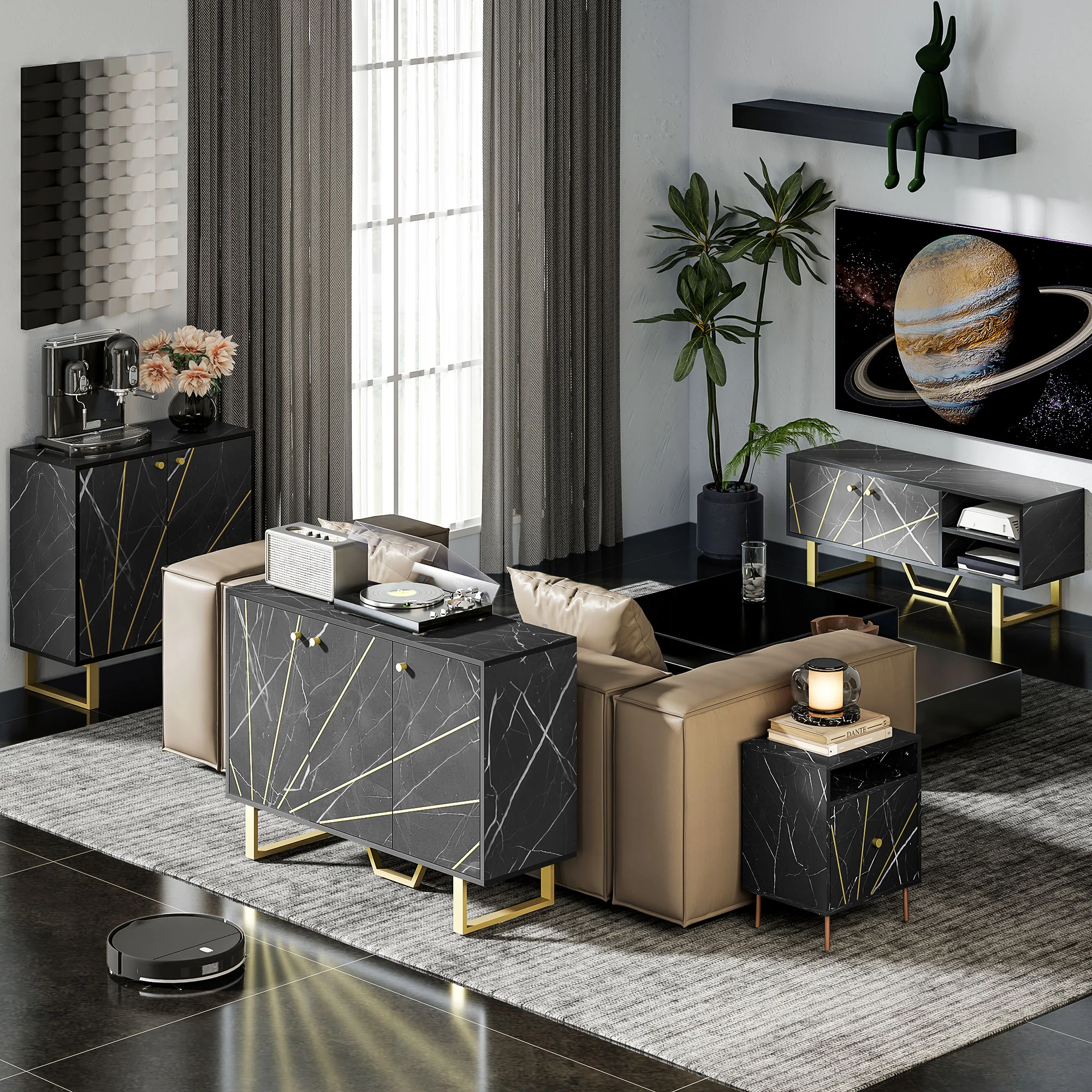 Meuble de rangement buffet salon avec 2 placards 3 portes et étagère réglable, pieds en métal - dim. 107L x 35l x 75H cm, aspect marbre noir - Image 10