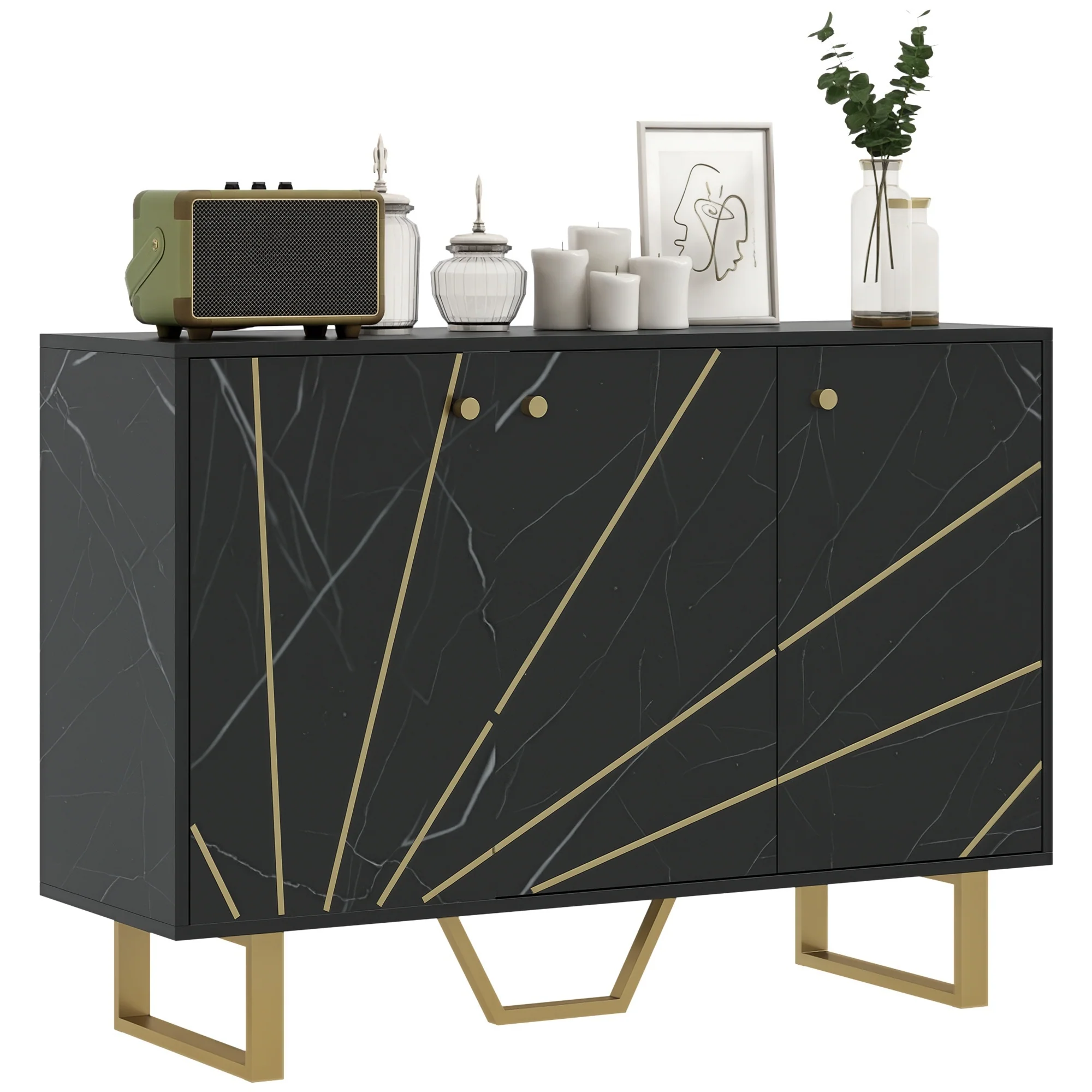 Meuble de rangement buffet salon avec 2 placards 3 portes et étagère réglable, pieds en métal - dim. 107L x 35l x 75H cm, aspect marbre noir - Image 11