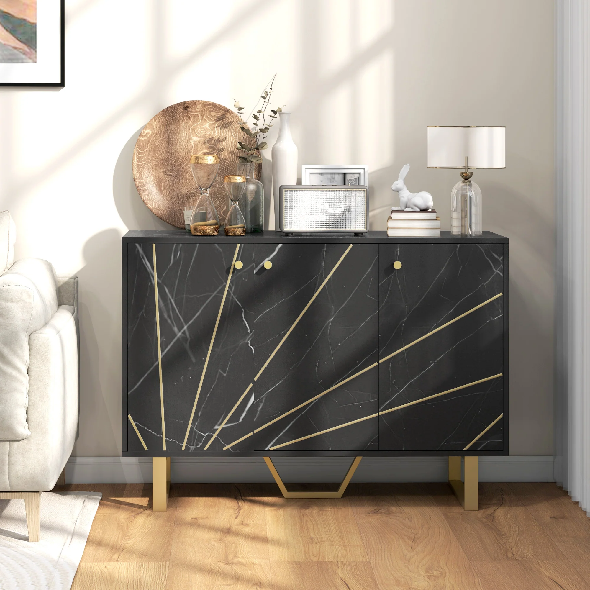 Meuble de rangement buffet salon avec 2 placards 3 portes et étagère réglable, pieds en métal - dim. 107L x 35l x 75H cm, aspect marbre noir - Image 3