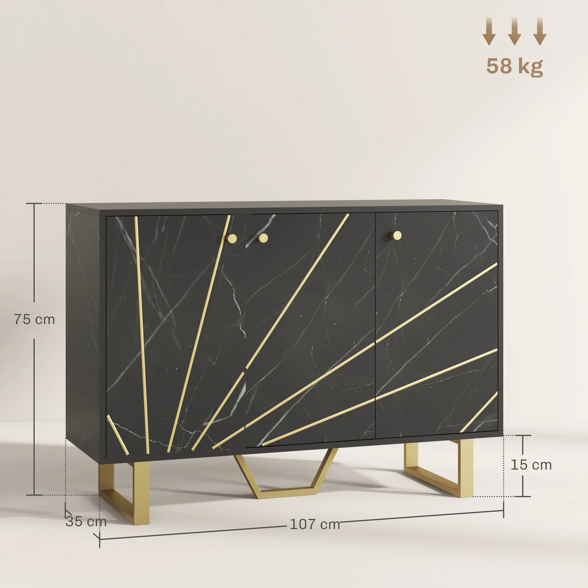 Meuble de rangement buffet salon avec 2 placards 3 portes et étagère réglable, pieds en métal - dim. 107L x 35l x 75H cm, aspect marbre noir - Image 4
