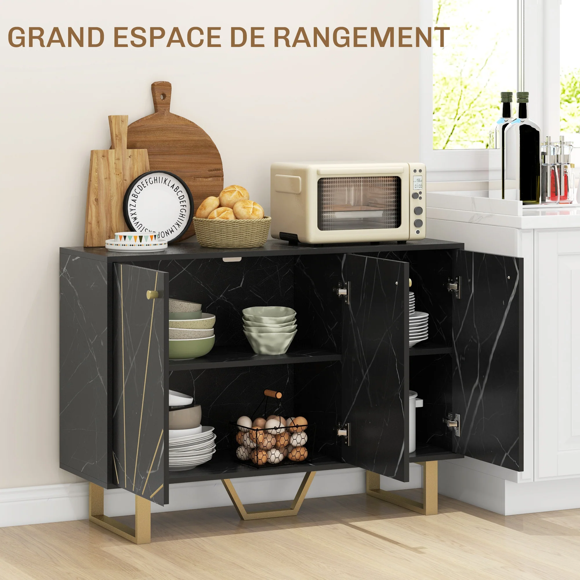 Meuble de rangement buffet salon avec 2 placards 3 portes et étagère réglable, pieds en métal - dim. 107L x 35l x 75H cm, aspect marbre noir - Image 5