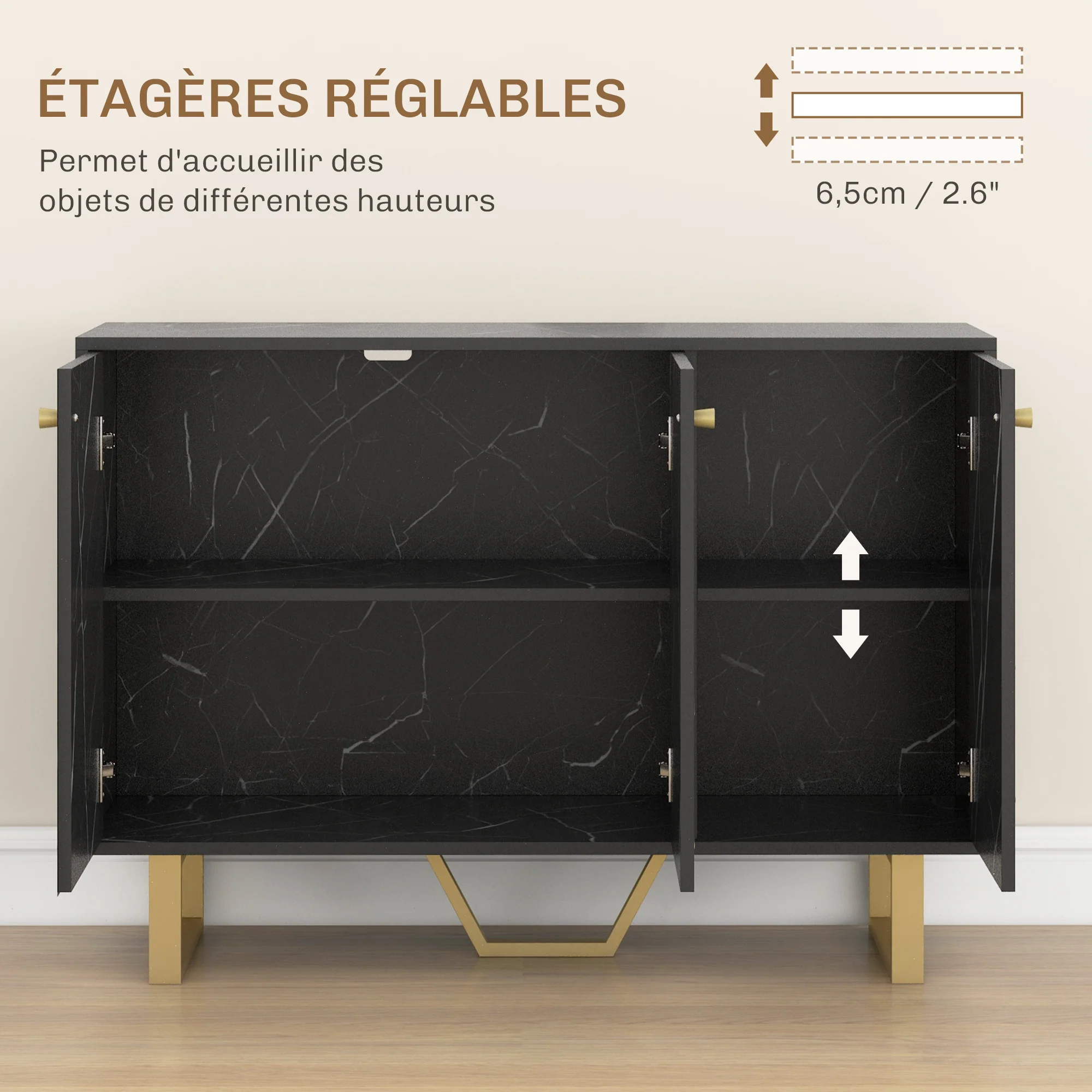 Meuble de rangement buffet salon avec 2 placards 3 portes et étagère réglable, pieds en métal - dim. 107L x 35l x 75H cm, aspect marbre noir - Image 6