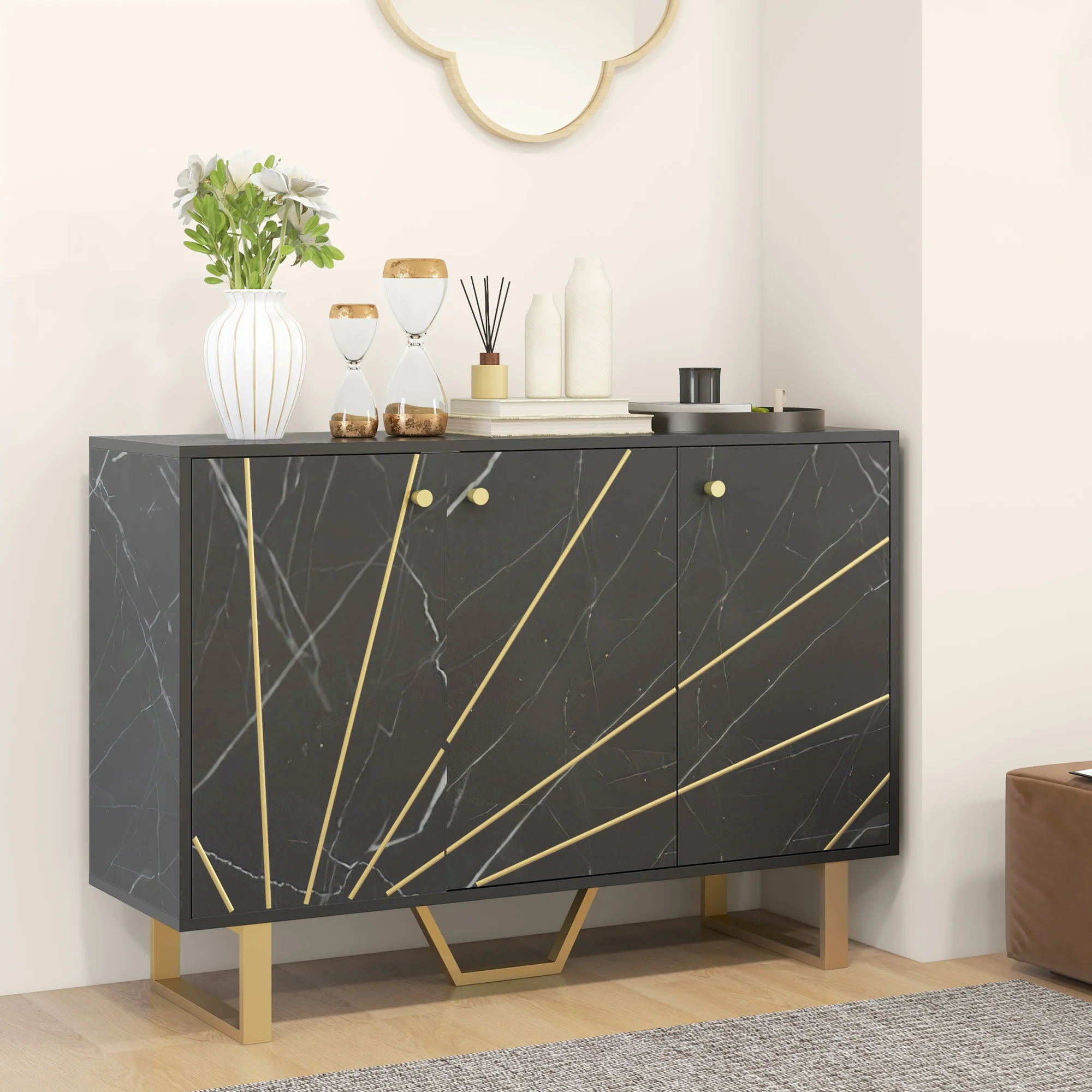 Meuble de rangement buffet salon avec 2 placards 3 portes et étagère réglable, pieds en métal - dim. 107L x 35l x 75H cm, aspect marbre noir - Image 9