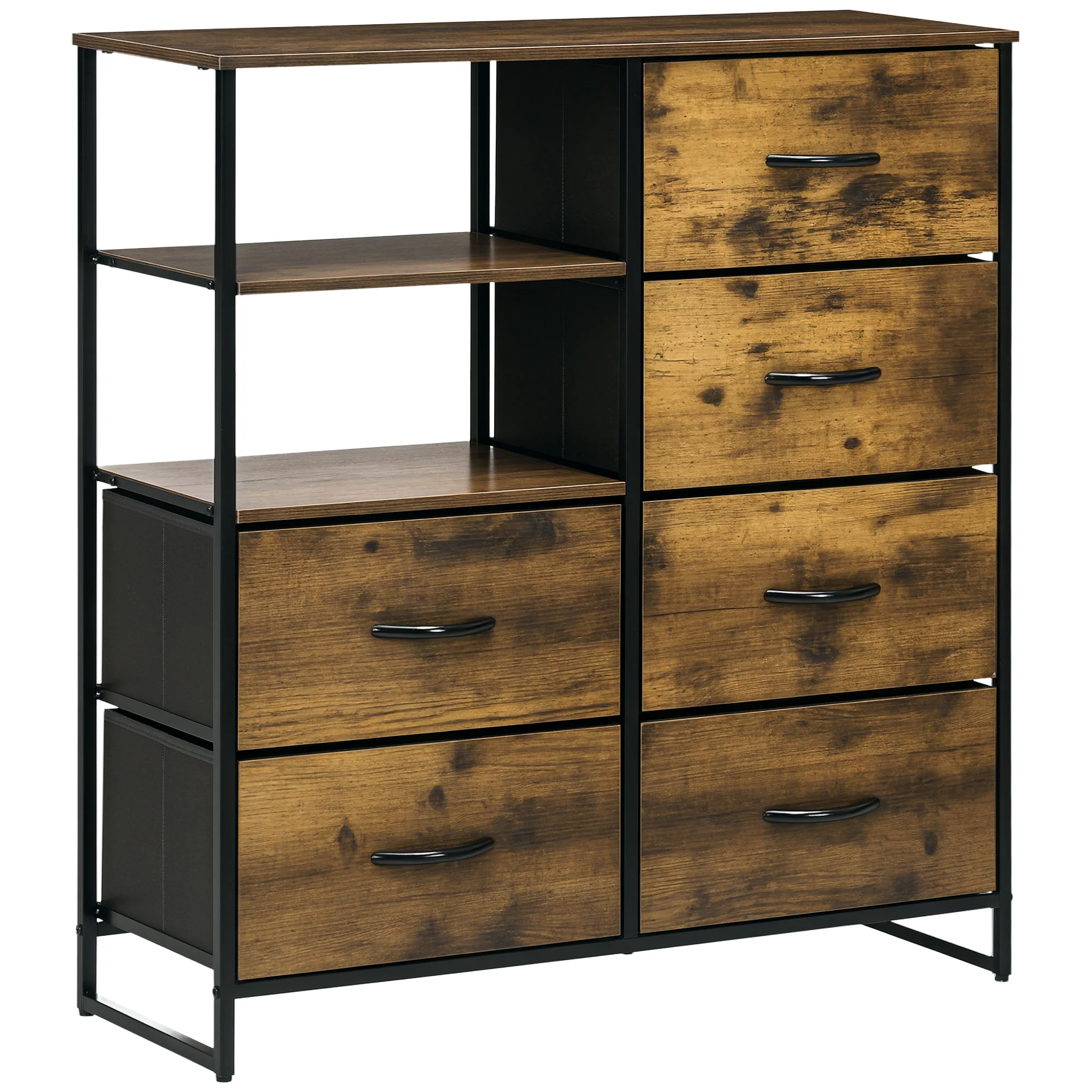Meuble de rangement, commode, buffet de rangement style industriel 6 tiroirs pliables 2 étagères acier et bois - 84 x 30 x 92 cm - Image 11