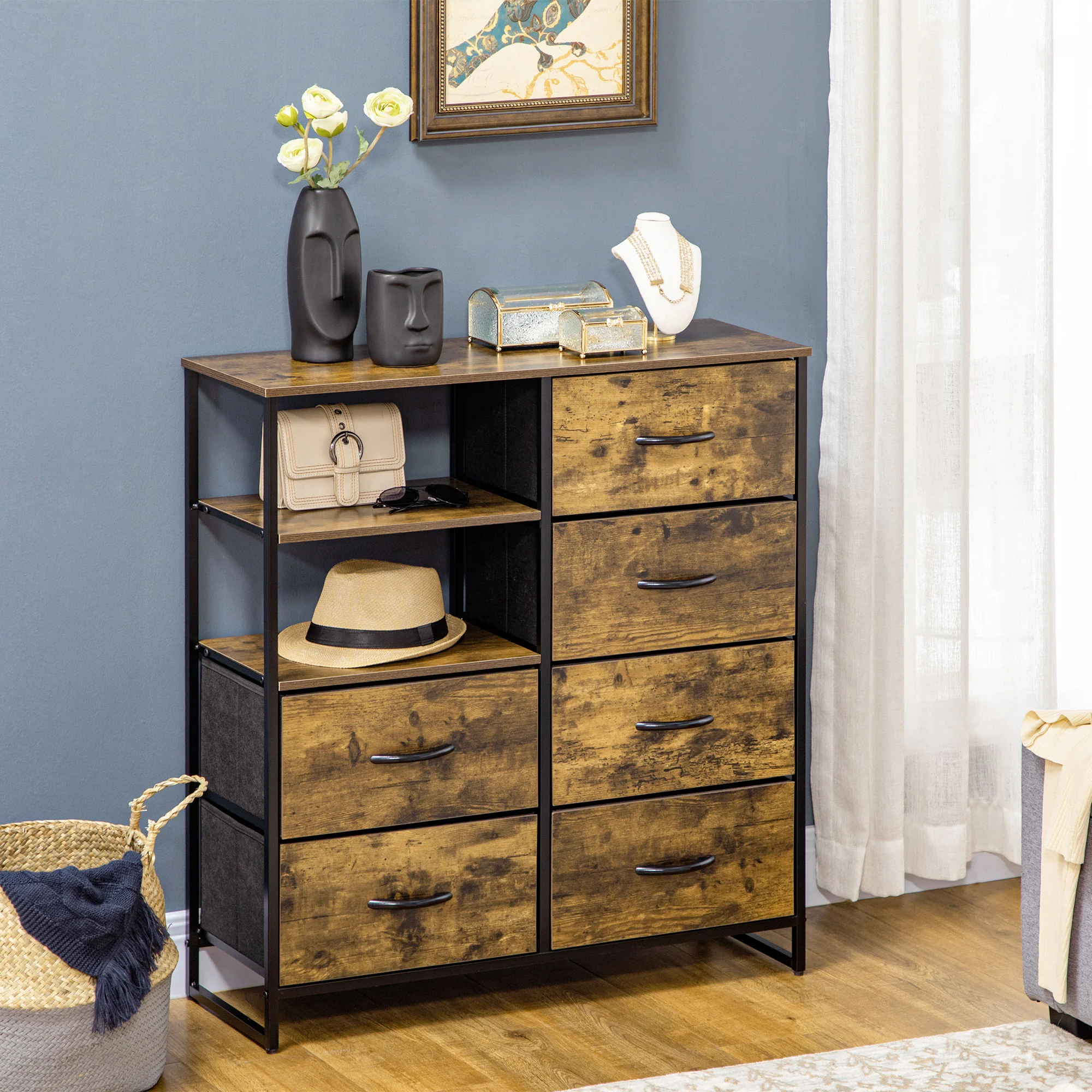 Meuble de rangement, commode, buffet de rangement style industriel 6 tiroirs pliables 2 étagères acier et bois - 84 x 30 x 92 cm - Image 3