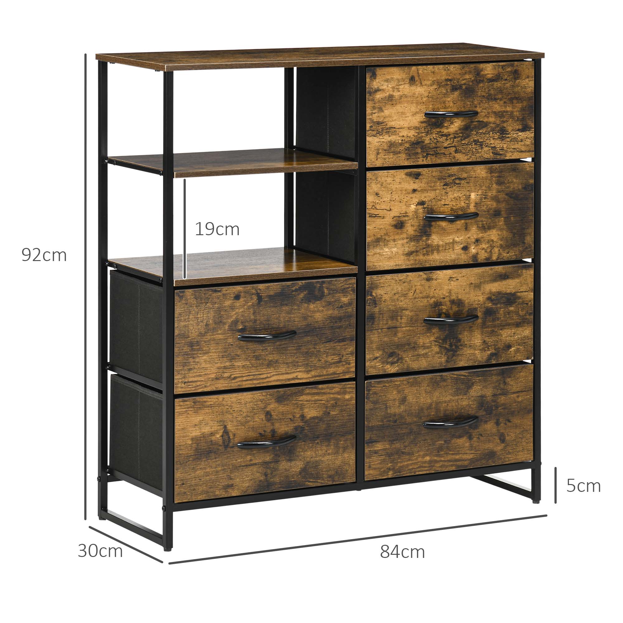 Meuble de rangement, commode, buffet de rangement style industriel 6 tiroirs pliables 2 étagères acier et bois - 84 x 30 x 92 cm - Image 4