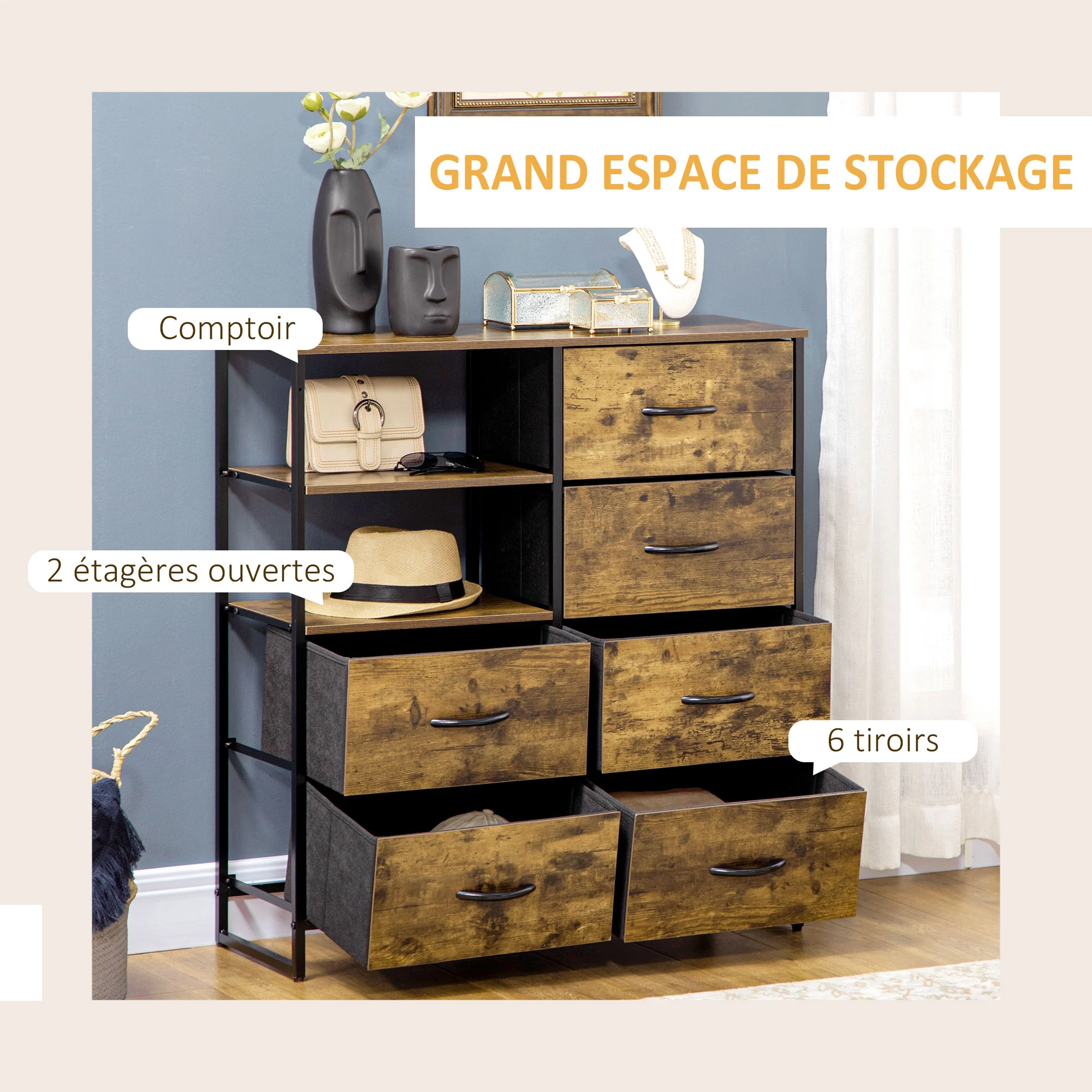 Meuble de rangement, commode, buffet de rangement style industriel 6 tiroirs pliables 2 étagères acier et bois - 84 x 30 x 92 cm - Image 5