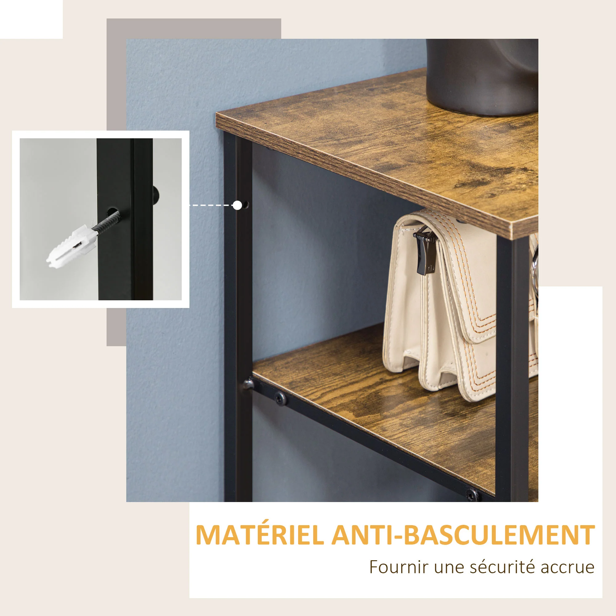 Meuble de rangement, commode, buffet de rangement style industriel 6 tiroirs pliables 2 étagères acier et bois - 84 x 30 x 92 cm - Image 8