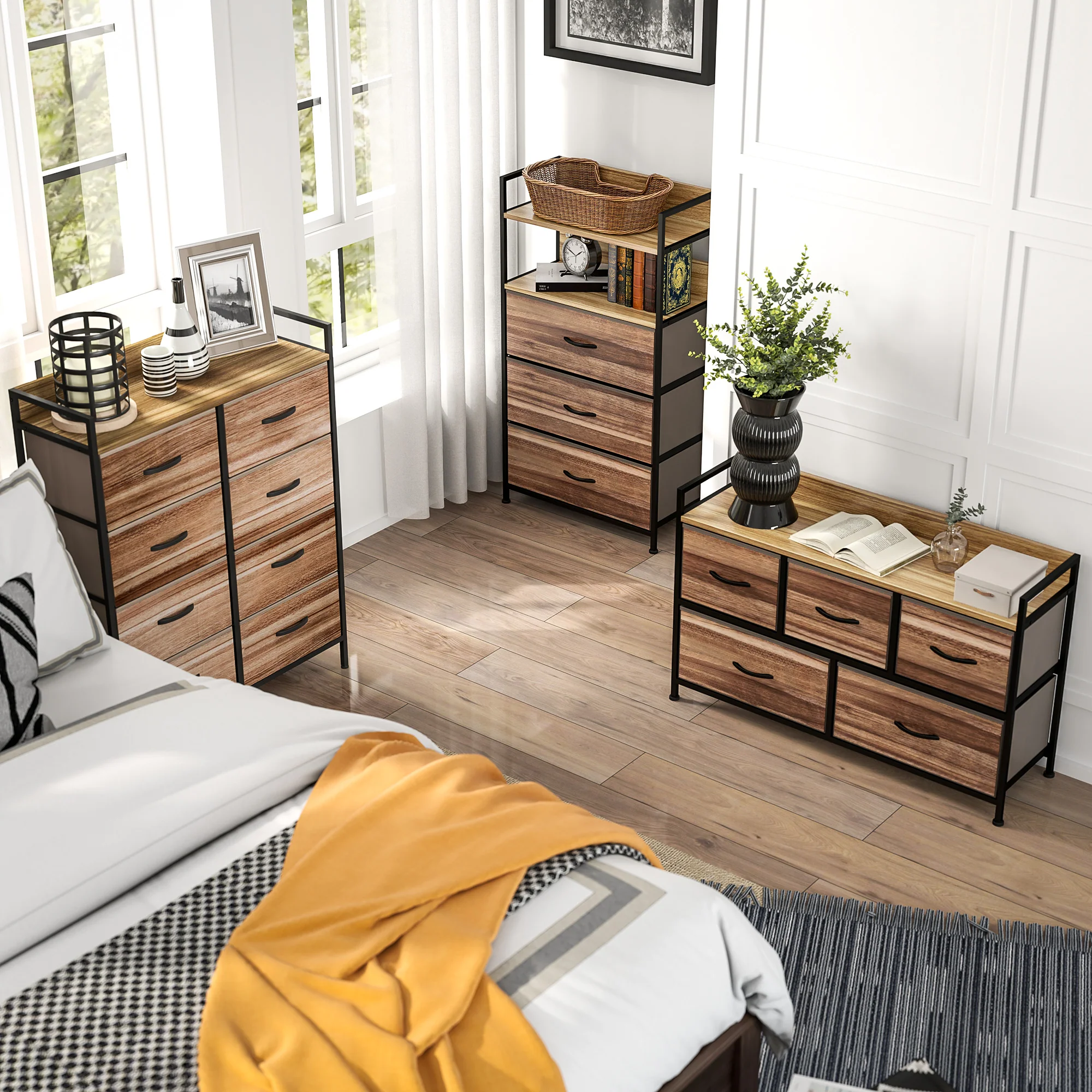 Meuble de Rangement commode chiffonnier 8 tiroirs en Tissu amovibles, étagère supérieure et cadre acier 79L x 29l x 101H cm naturel et noir - Image 10