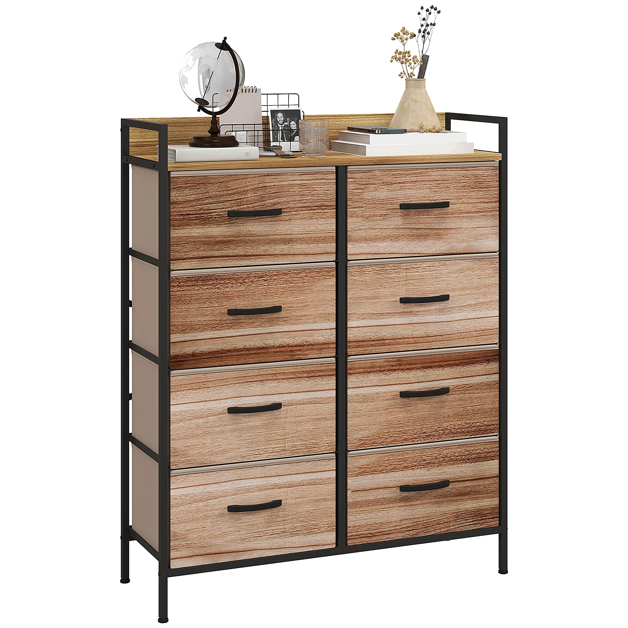 Meuble de Rangement commode chiffonnier 8 tiroirs en Tissu amovibles, étagère supérieure et cadre acier 79L x 29l x 101H cm naturel et noir - Image 11