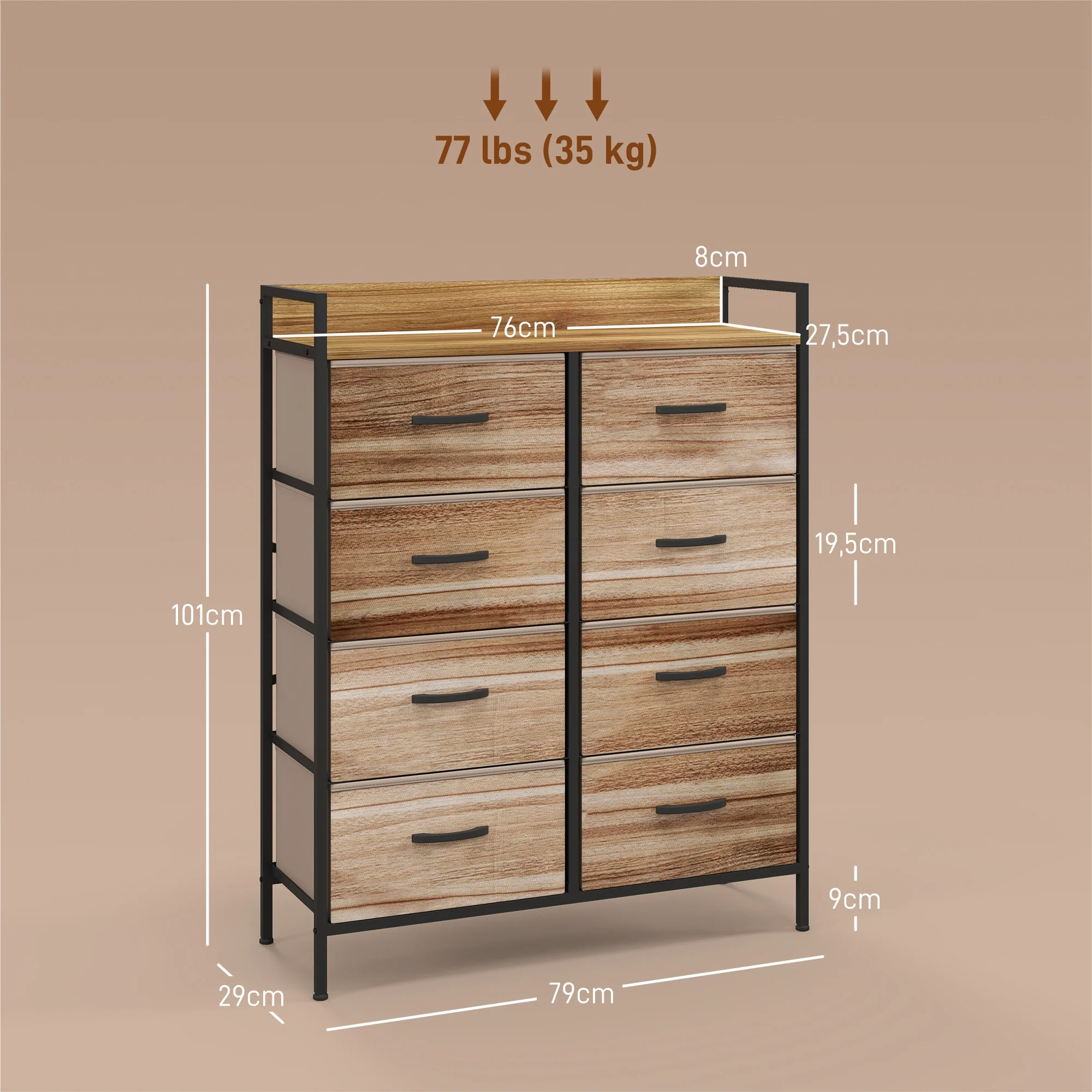 Meuble de Rangement commode chiffonnier 8 tiroirs en Tissu amovibles, étagère supérieure et cadre acier 79L x 29l x 101H cm naturel et noir - Image 4