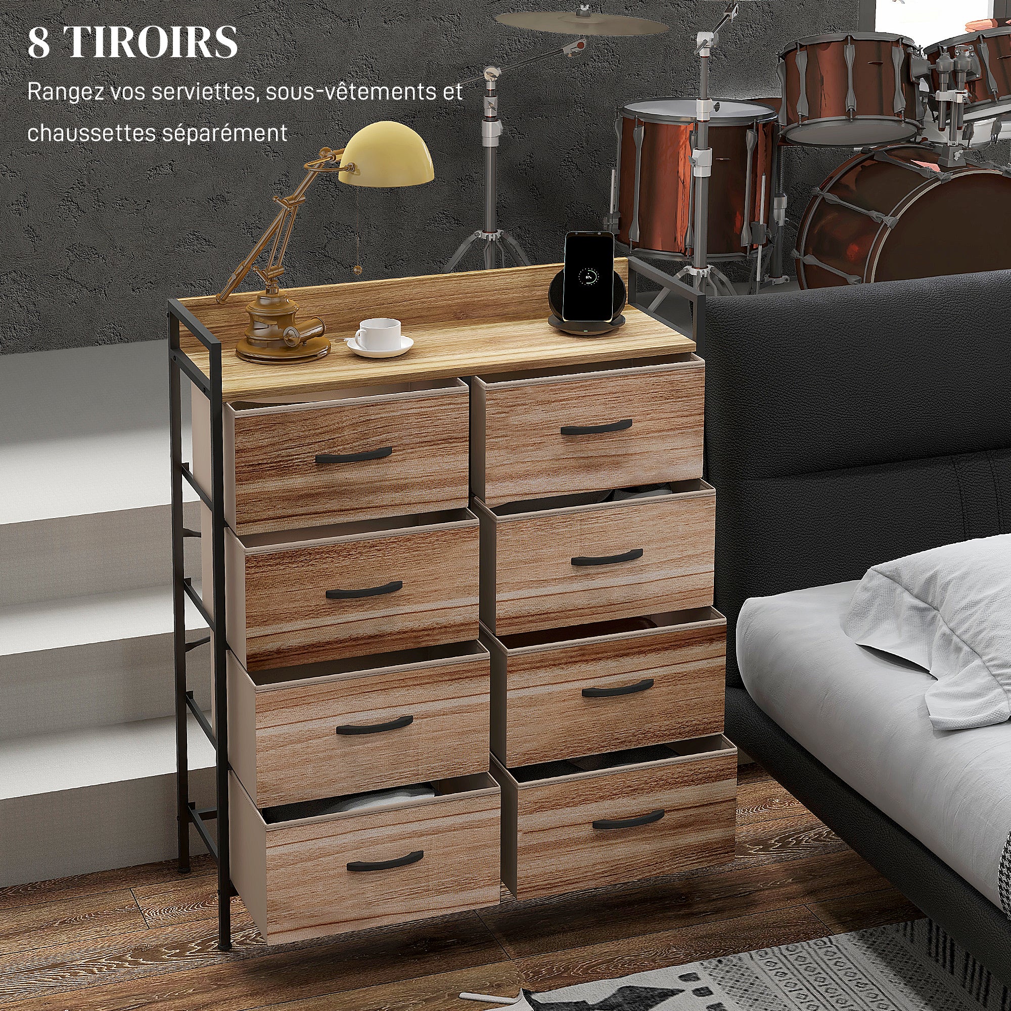 Meuble de Rangement commode chiffonnier 8 tiroirs en Tissu amovibles, étagère supérieure et cadre acier 79L x 29l x 101H cm naturel et noir - Image 5