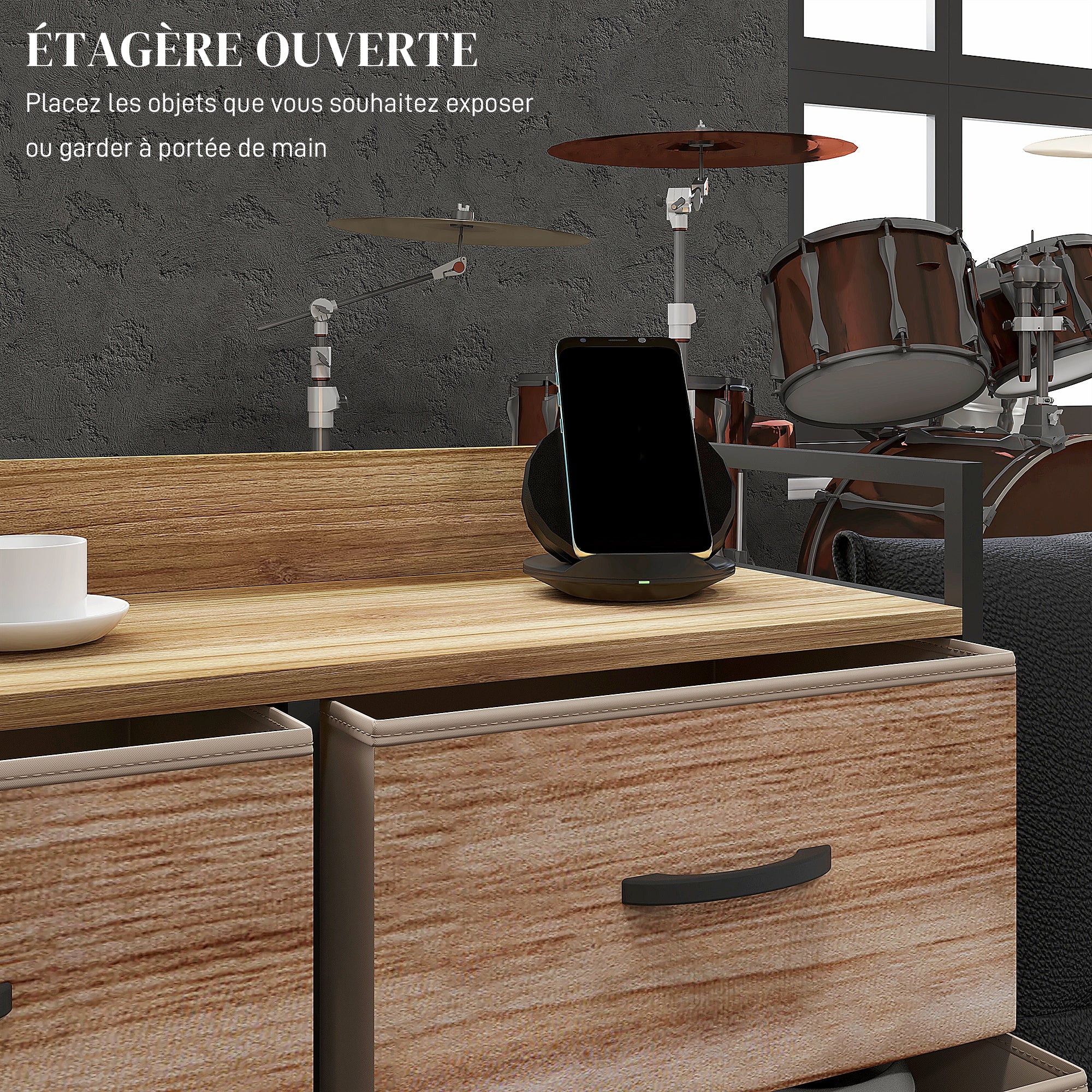 Meuble de Rangement commode chiffonnier 8 tiroirs en Tissu amovibles, étagère supérieure et cadre acier 79L x 29l x 101H cm naturel et noir - Image 6