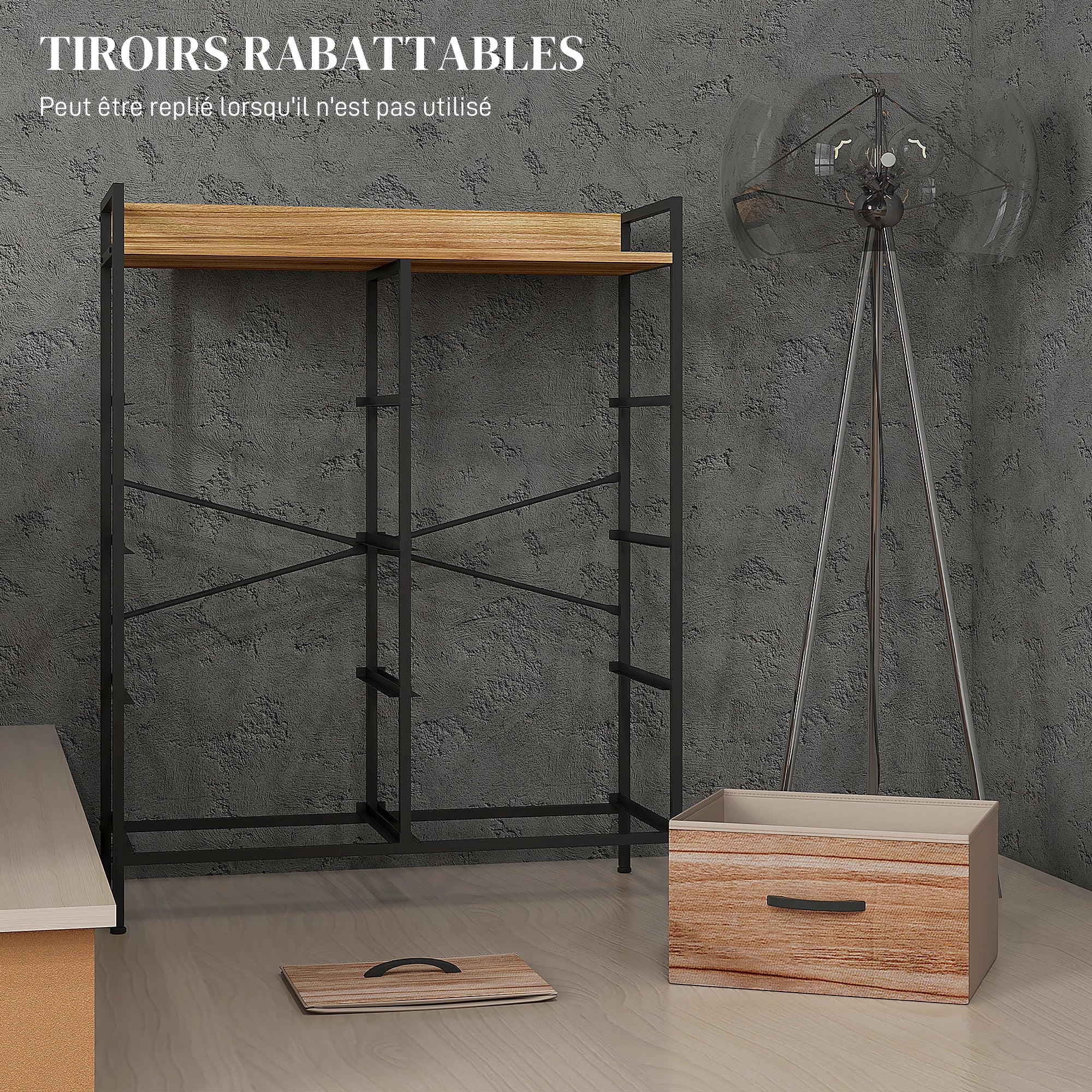 Meuble de Rangement commode chiffonnier 8 tiroirs en Tissu amovibles, étagère supérieure et cadre acier 79L x 29l x 101H cm naturel et noir - Image 7
