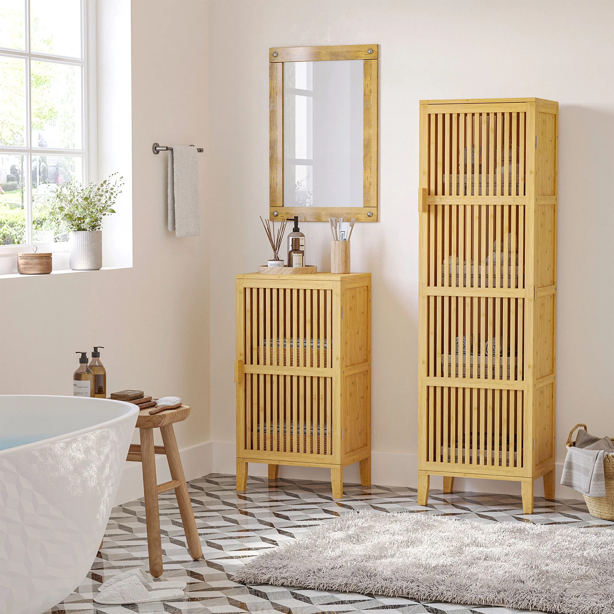 Meuble de rangement en bambou armoire de rangement avec 4 niveaux et porte design à lamelles pour salle de bain chambre salon 40 x 30 x 140 cm - Image 3