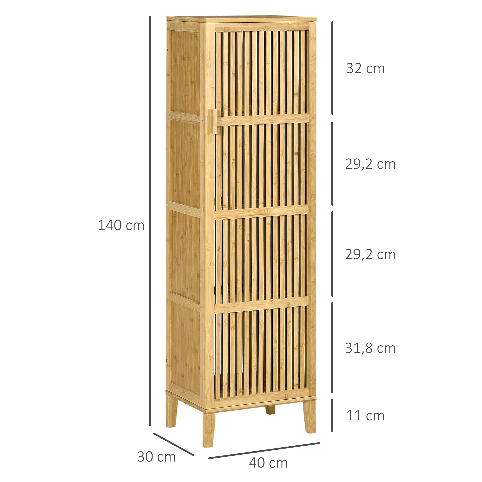 Meuble de rangement en bambou armoire de rangement avec 4 niveaux et porte design à lamelles pour salle de bain chambre salon 40 x 30 x 140 cm - Image 4