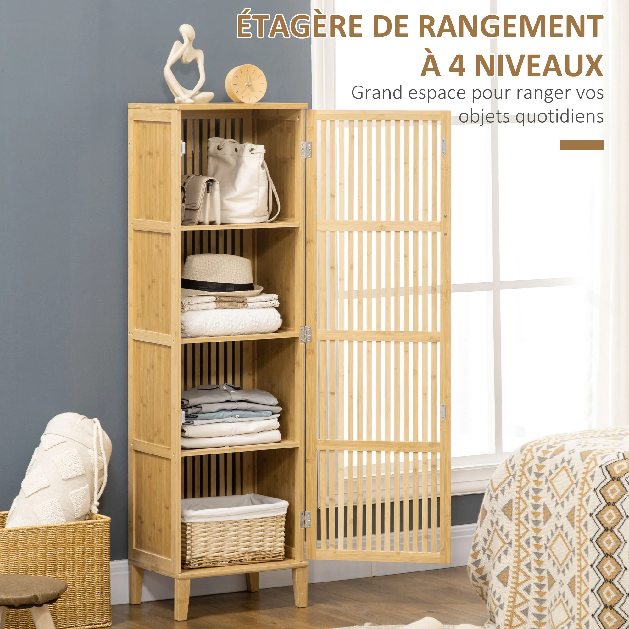 Meuble de rangement en bambou armoire de rangement avec 4 niveaux et porte design à lamelles pour salle de bain chambre salon 40 x 30 x 140 cm - Image 5
