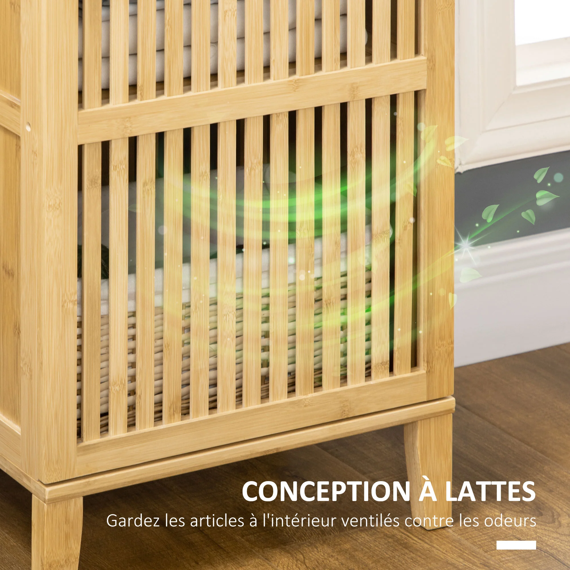 Meuble de rangement en bambou armoire de rangement avec 4 niveaux et porte design à lamelles pour salle de bain chambre salon 40 x 30 x 140 cm - Image 7