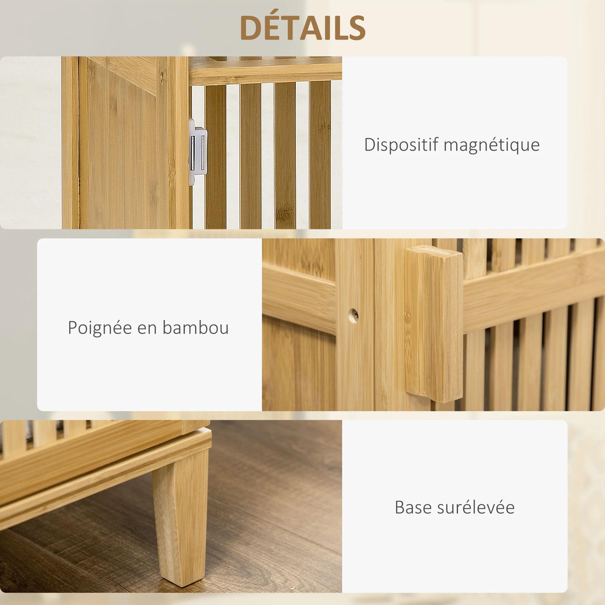 Meuble de rangement en bambou armoire de rangement avec 4 niveaux et porte design à lamelles pour salle de bain chambre salon 40 x 30 x 140 cm - Image 9