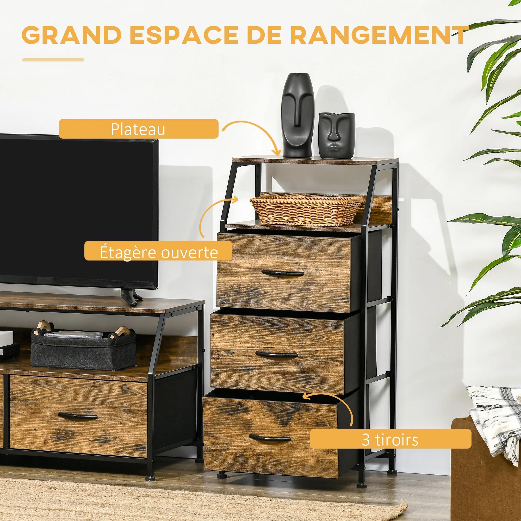 Meuble de rangement style industriel commode 3 tiroirs en tissu amovibles et 2 étagères - 44 x 29 x 92 cm - bois et métal - Image 5
