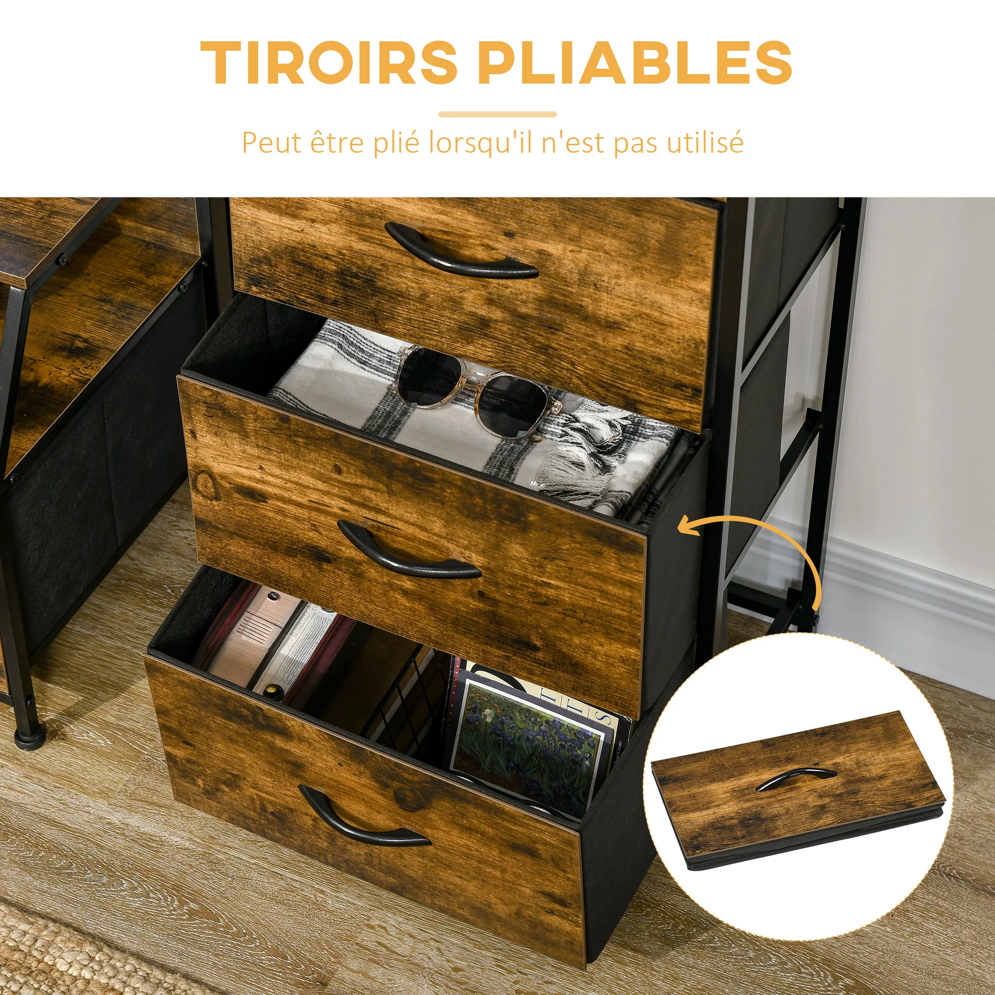 Meuble de rangement style industriel commode 3 tiroirs en tissu amovibles et 2 étagères - 44 x 29 x 92 cm - bois et métal - Image 6